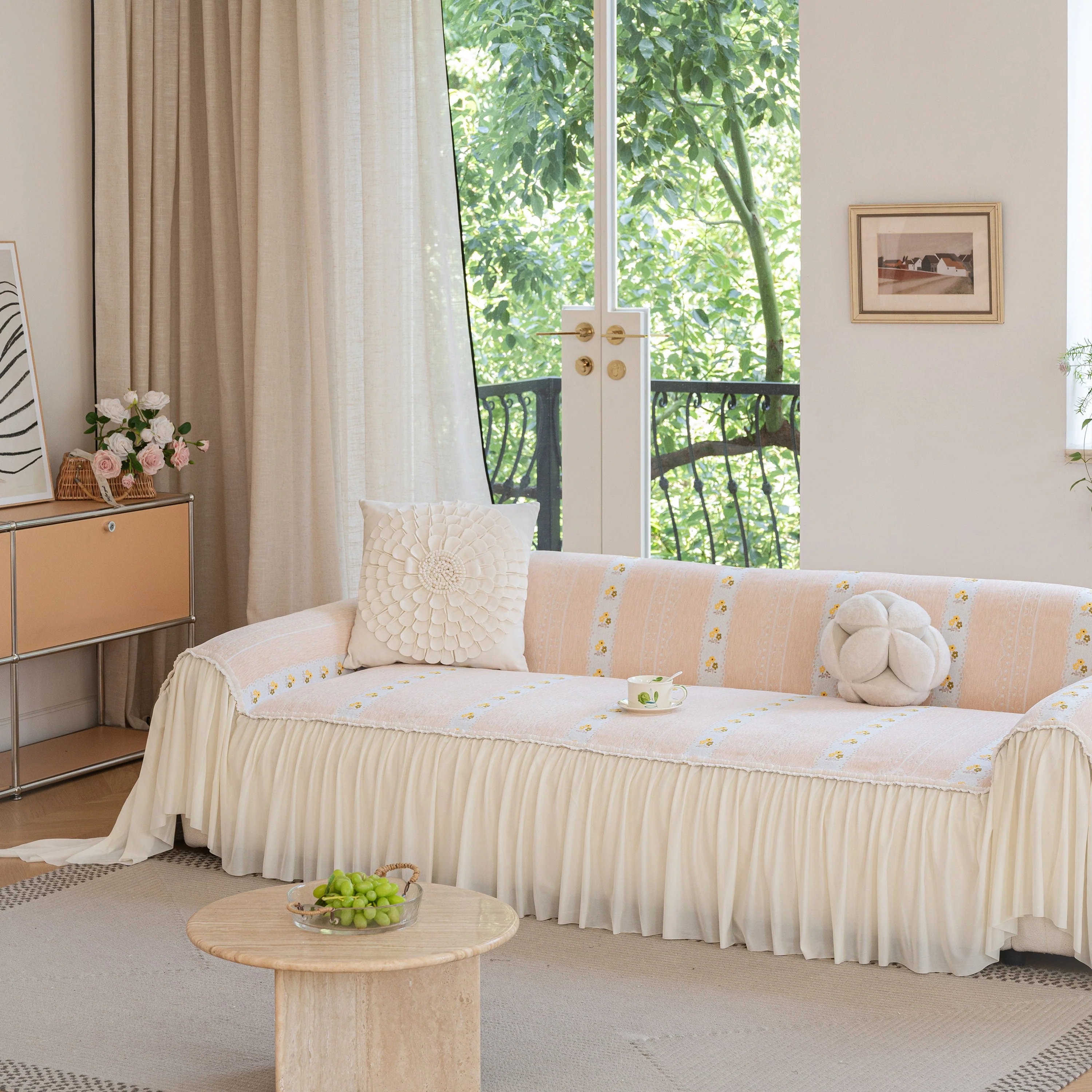 Daisy Striped Sofa Cover with Sheer Ruffle Skirt, Floral Soft Slipcover Blanket - Image 39