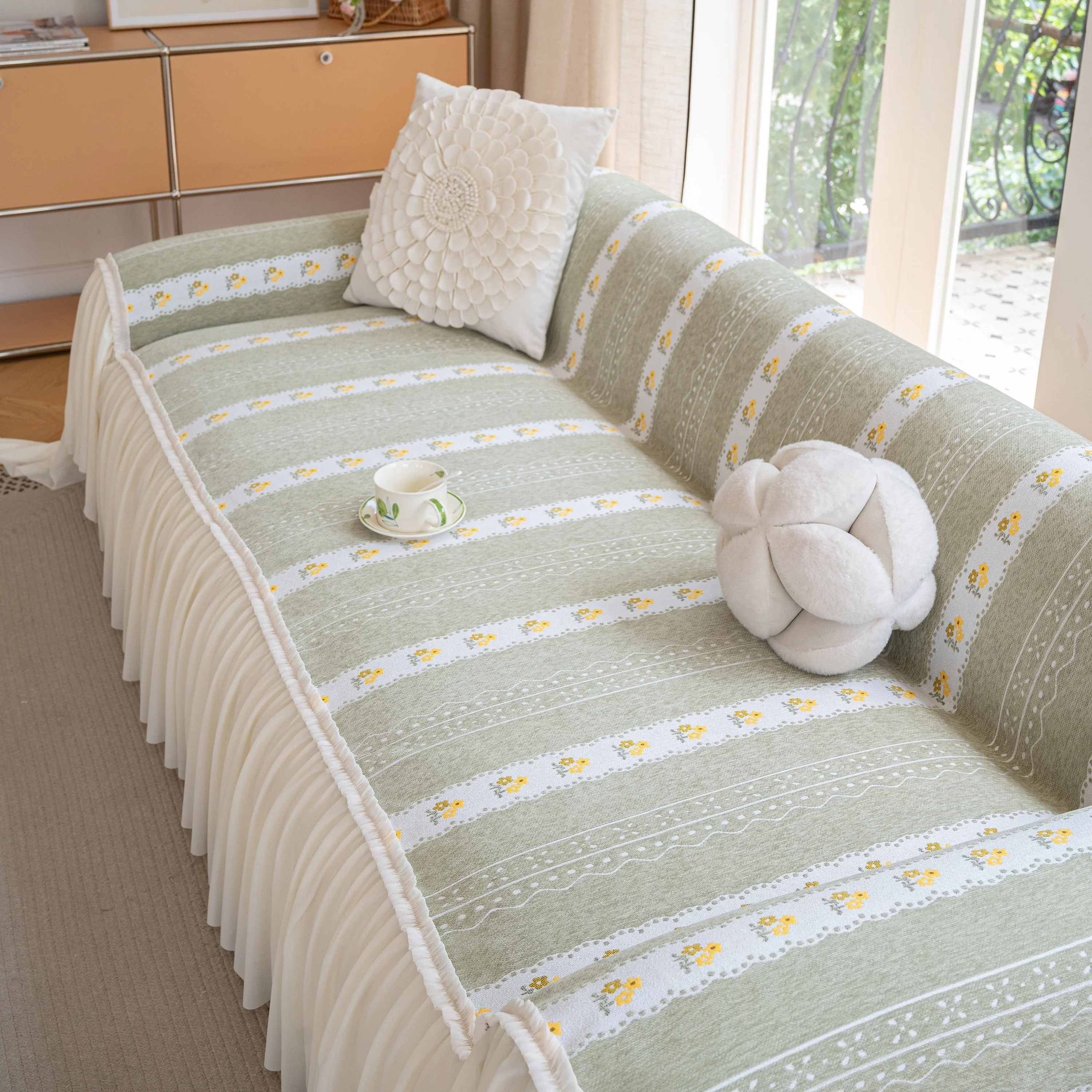 Daisy Striped Sofa Cover with Sheer Ruffle Skirt, Floral Soft Slipcover Blanket - Image 4