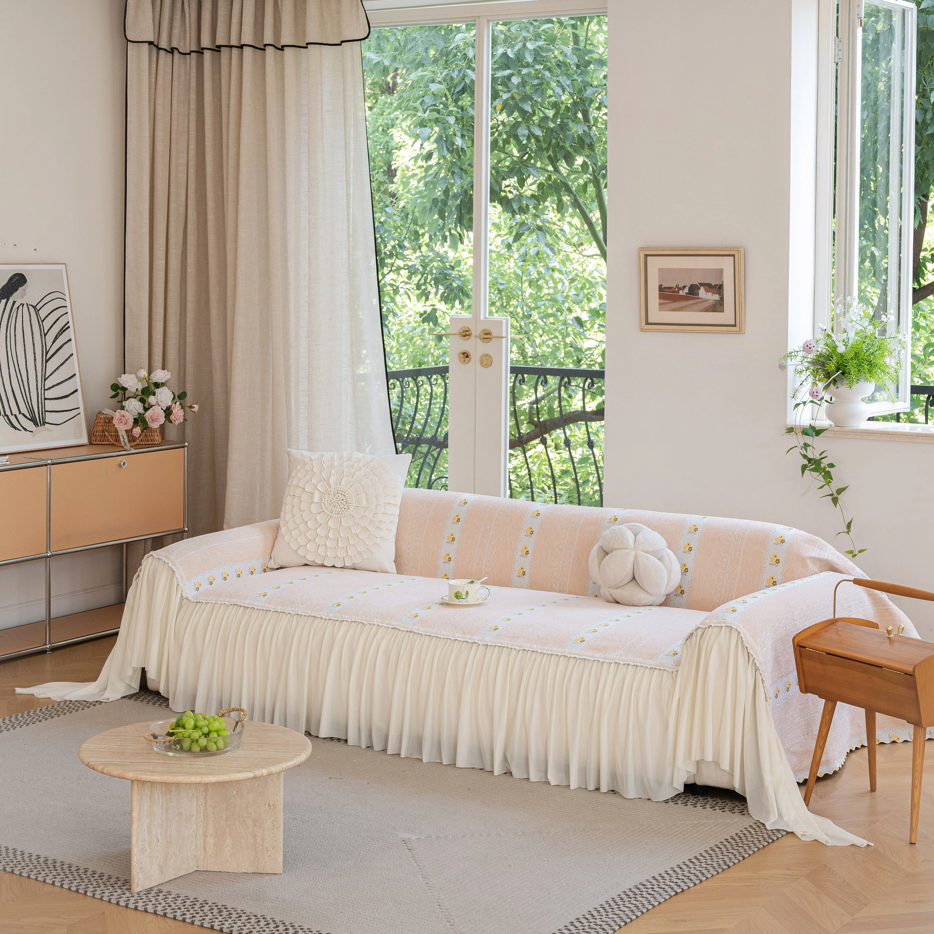 Daisy Striped Sofa Cover with Sheer Ruffle Skirt, Floral Soft Slipcover Blanket - Image 40