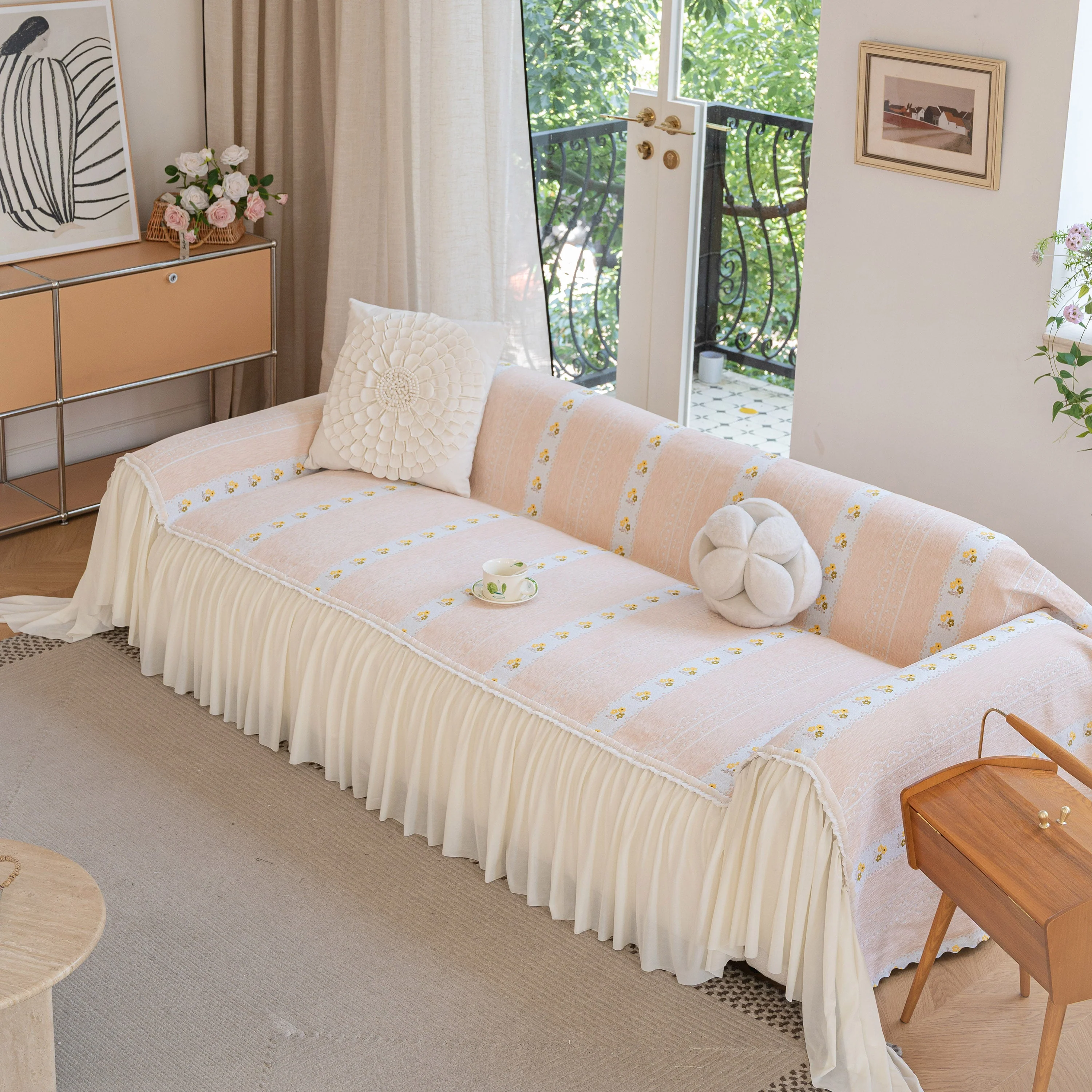 Daisy Striped Sofa Cover with Sheer Ruffle Skirt, Floral Soft Slipcover Blanket - Image 41