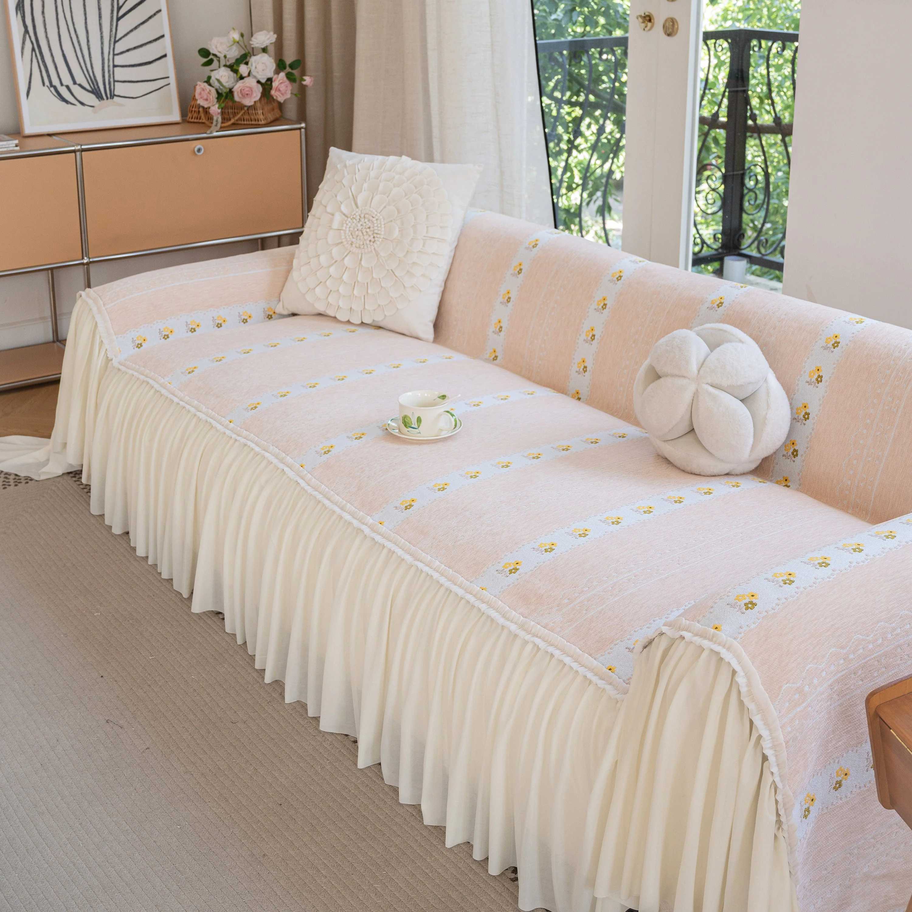 Daisy Striped Sofa Cover with Sheer Ruffle Skirt, Floral Soft Slipcover Blanket - Image 42