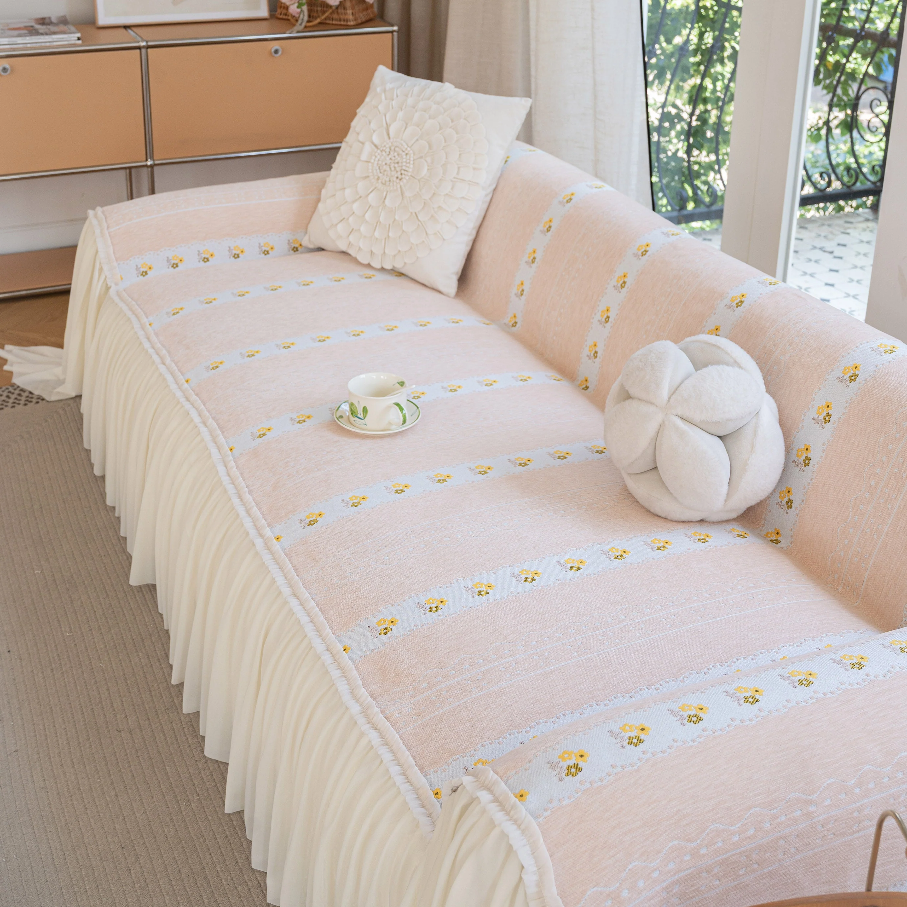 Daisy Striped Sofa Cover with Sheer Ruffle Skirt, Floral Soft Slipcover Blanket - Image 43