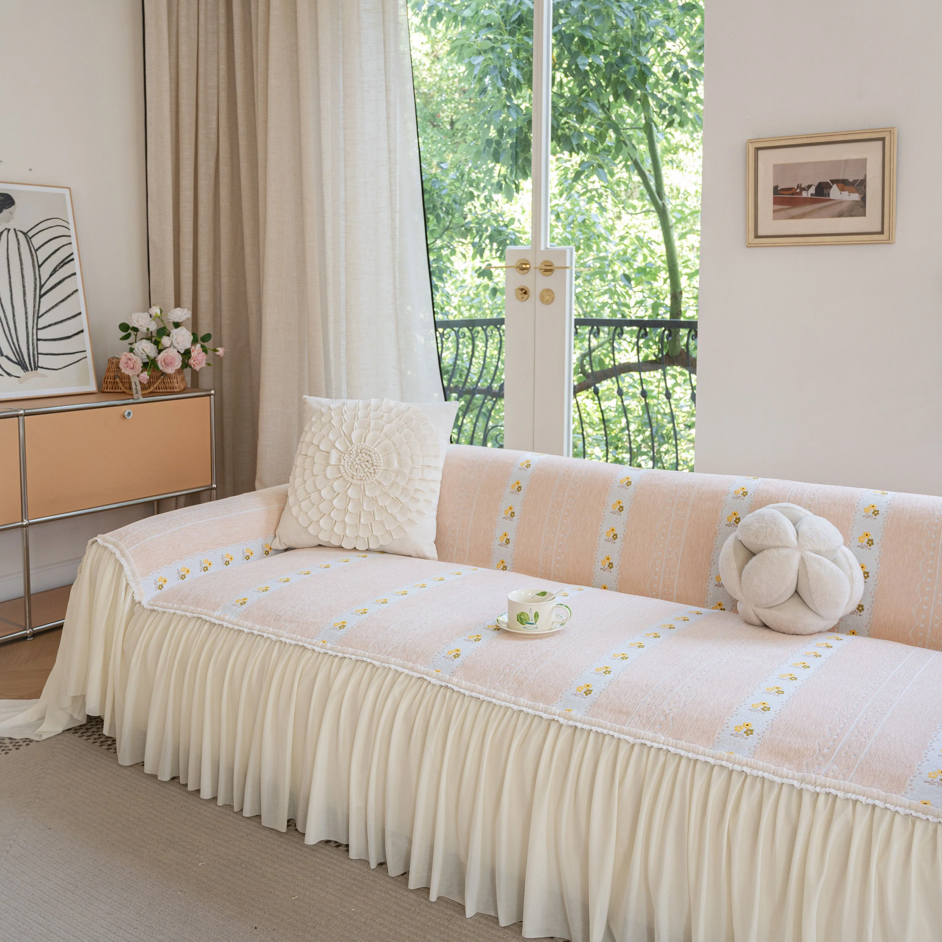 Daisy Striped Sofa Cover with Sheer Ruffle Skirt, Floral Soft Slipcover Blanket - Image 44