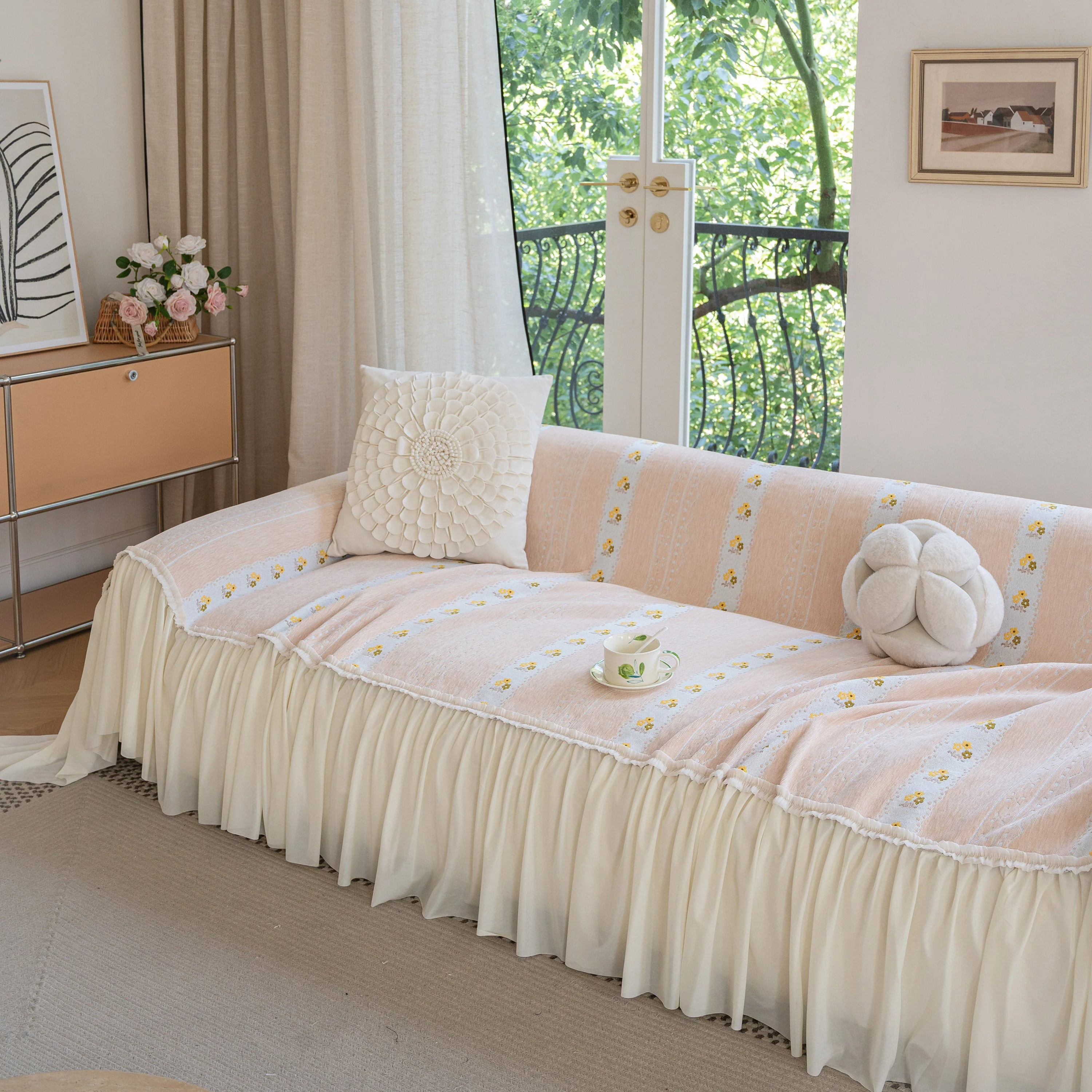 Daisy Striped Sofa Cover with Sheer Ruffle Skirt, Floral Soft Slipcover Blanket - Image 48