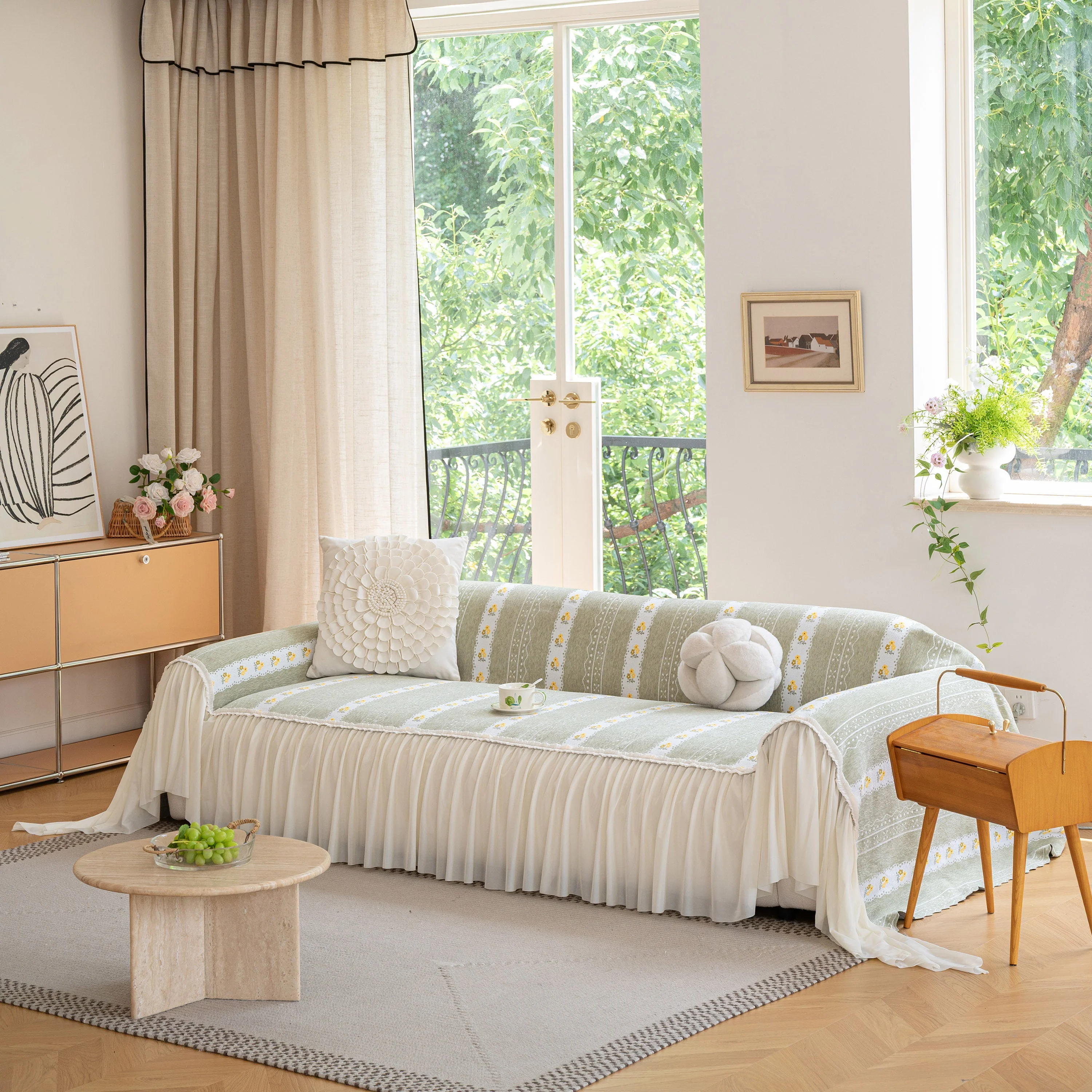 Daisy Striped Sofa Cover with Sheer Ruffle Skirt, Floral Soft Slipcover Blanket - Image 5