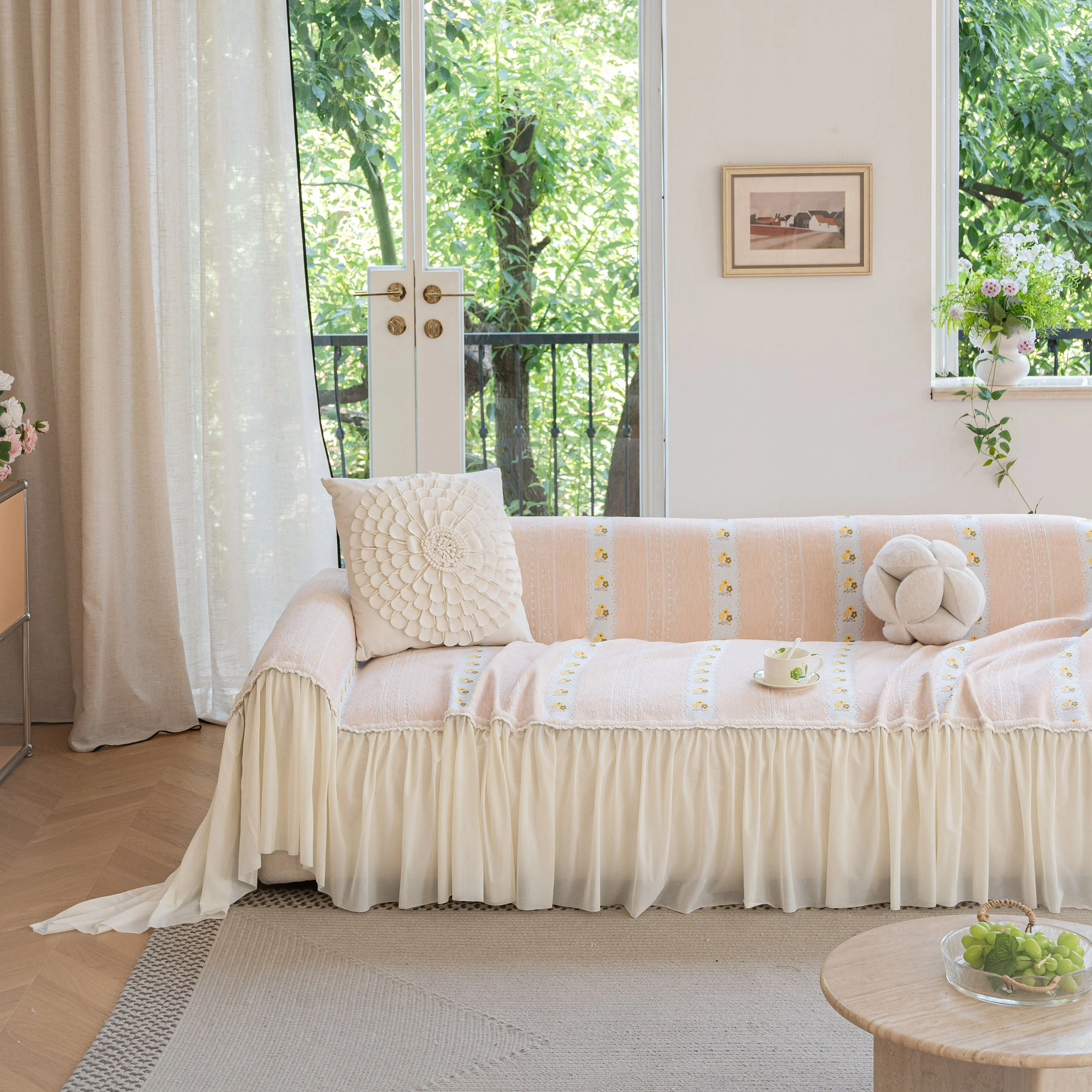 Daisy Striped Sofa Cover with Sheer Ruffle Skirt, Floral Soft Slipcover Blanket - Image 53