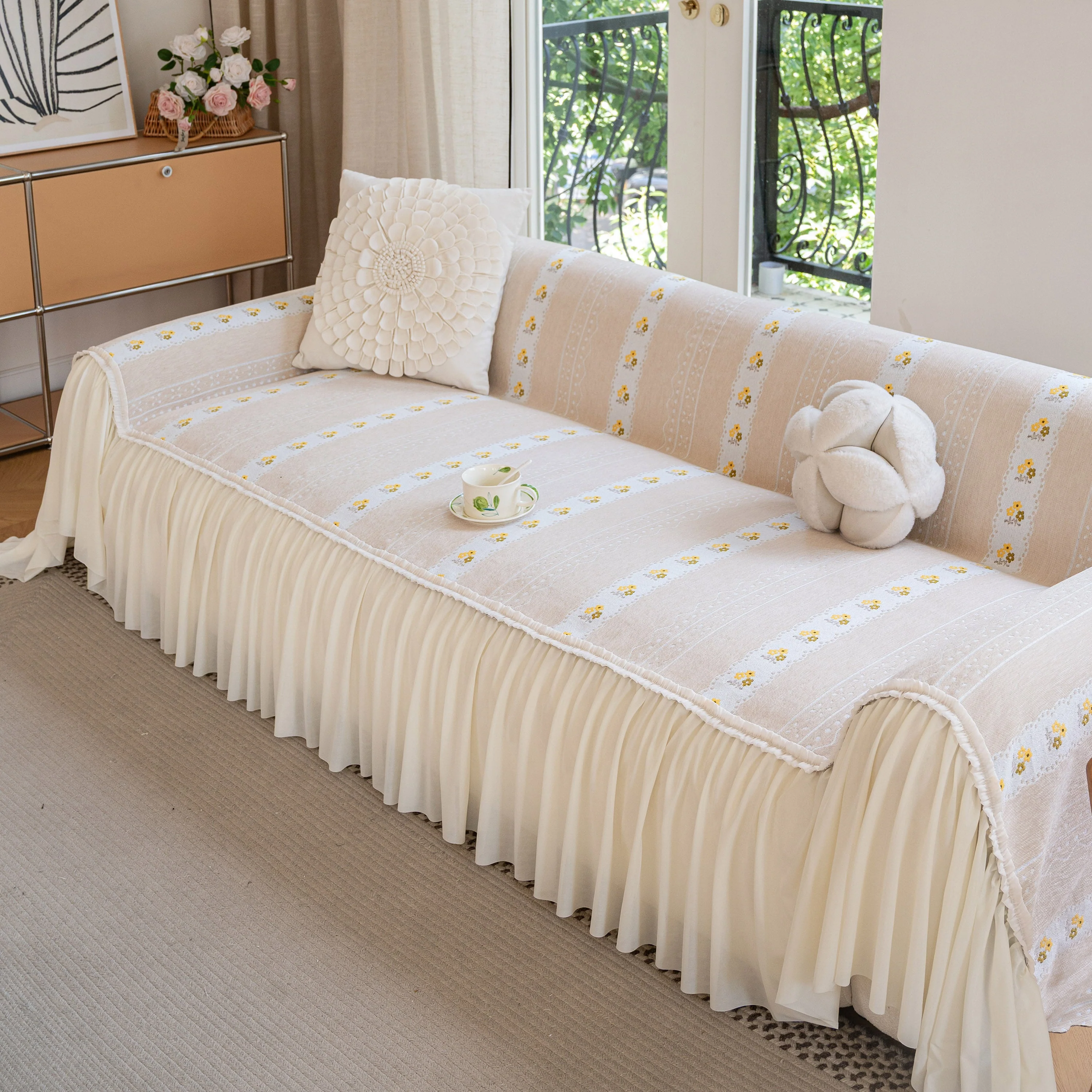 Daisy Striped Sofa Cover with Sheer Ruffle Skirt, Floral Soft Slipcover Blanket - Image 54