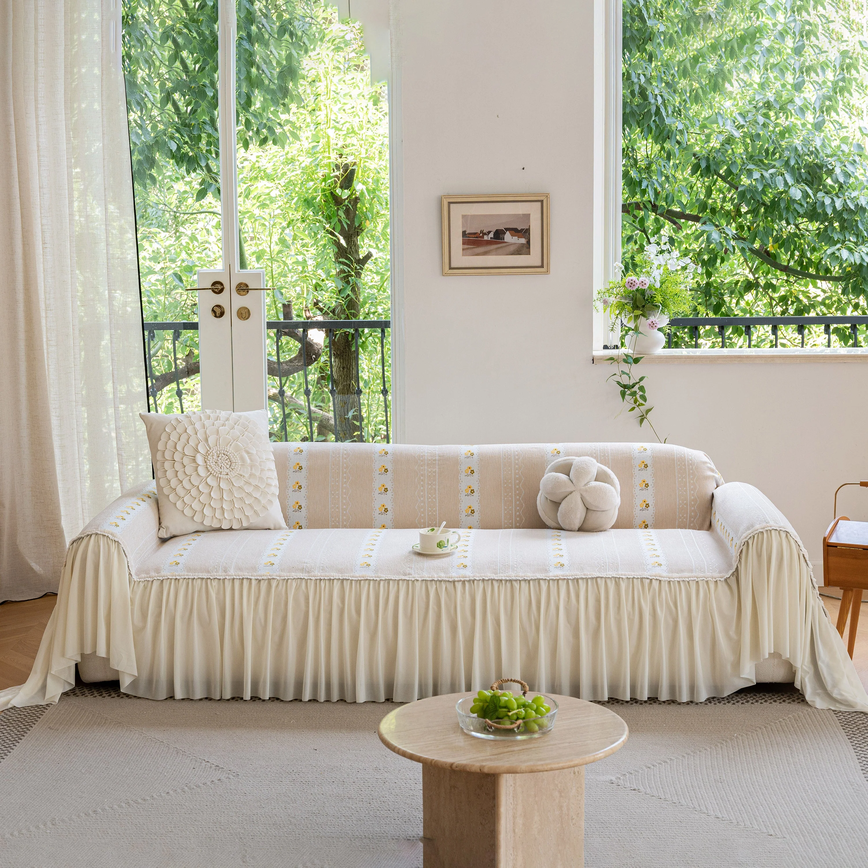Daisy Striped Sofa Cover with Sheer Ruffle Skirt, Floral Soft Slipcover Blanket - Image 55