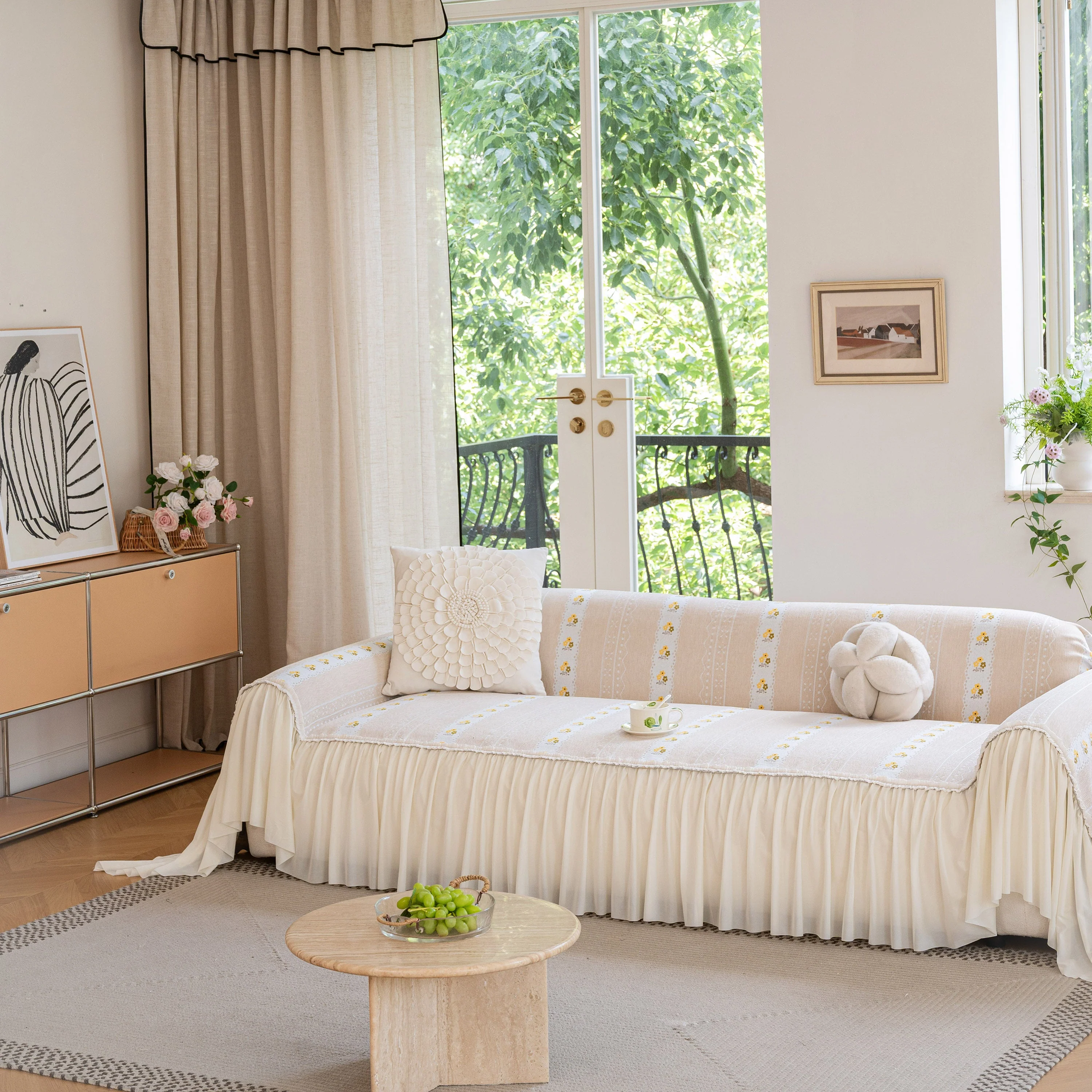 Daisy Striped Sofa Cover with Sheer Ruffle Skirt, Floral Soft Slipcover Blanket - Image 56