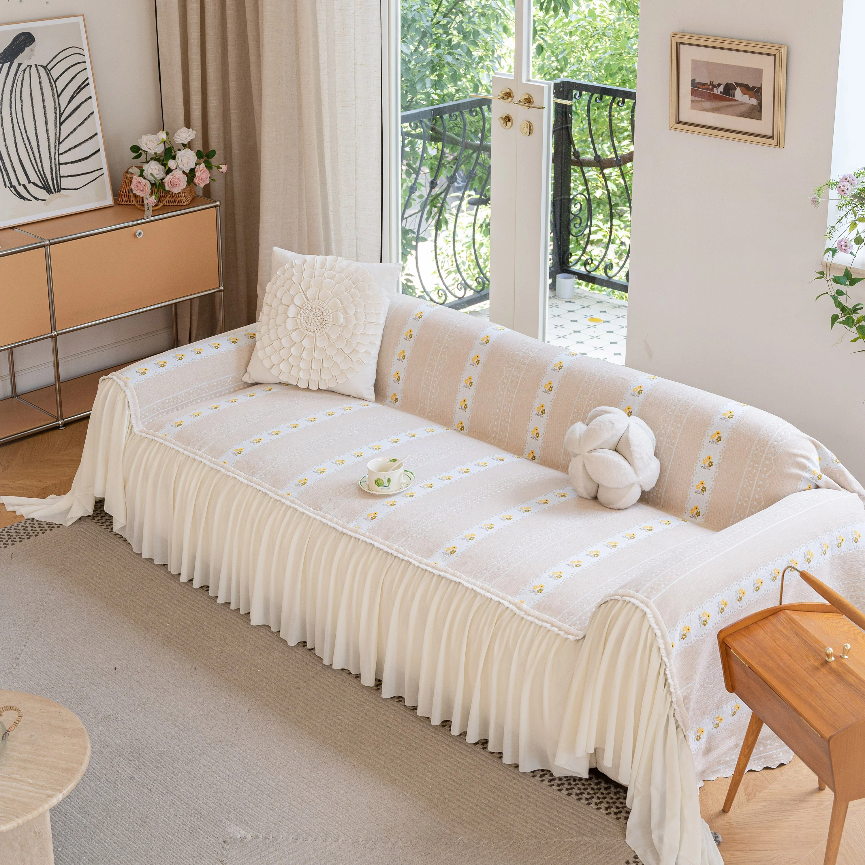 Daisy Striped Sofa Cover with Sheer Ruffle Skirt, Floral Soft Slipcover Blanket - Image 58