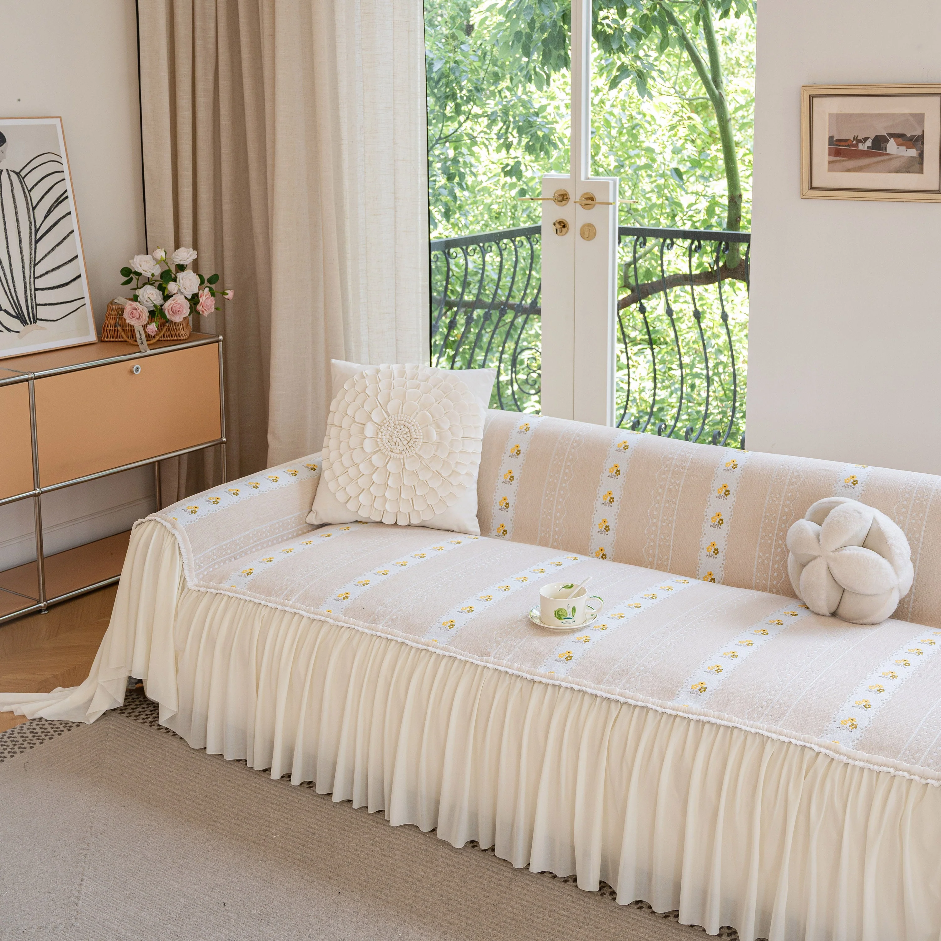 Daisy Striped Sofa Cover with Sheer Ruffle Skirt, Floral Soft Slipcover Blanket - Image 59