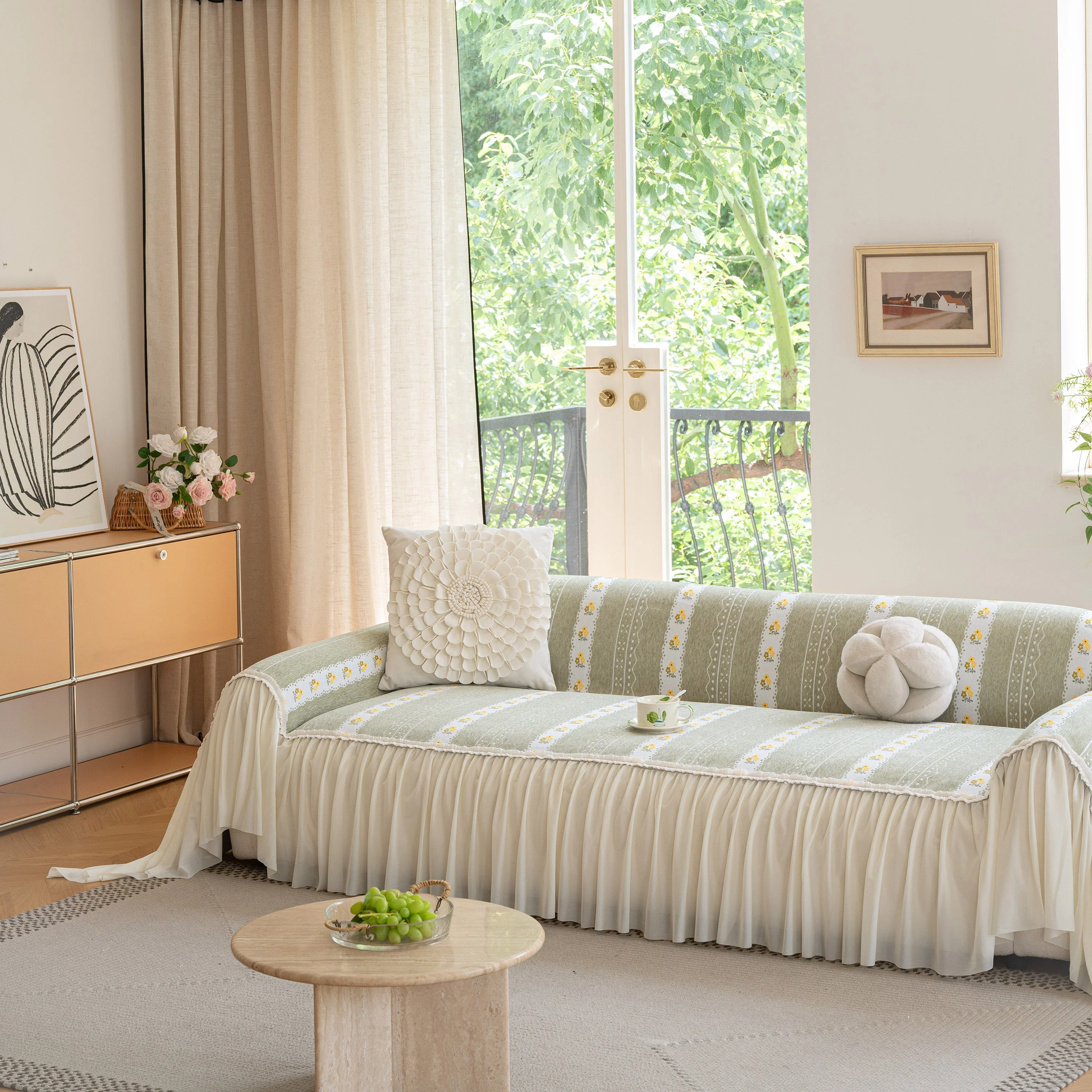 Daisy Striped Sofa Cover with Sheer Ruffle Skirt, Floral Soft Slipcover Blanket - Image 6