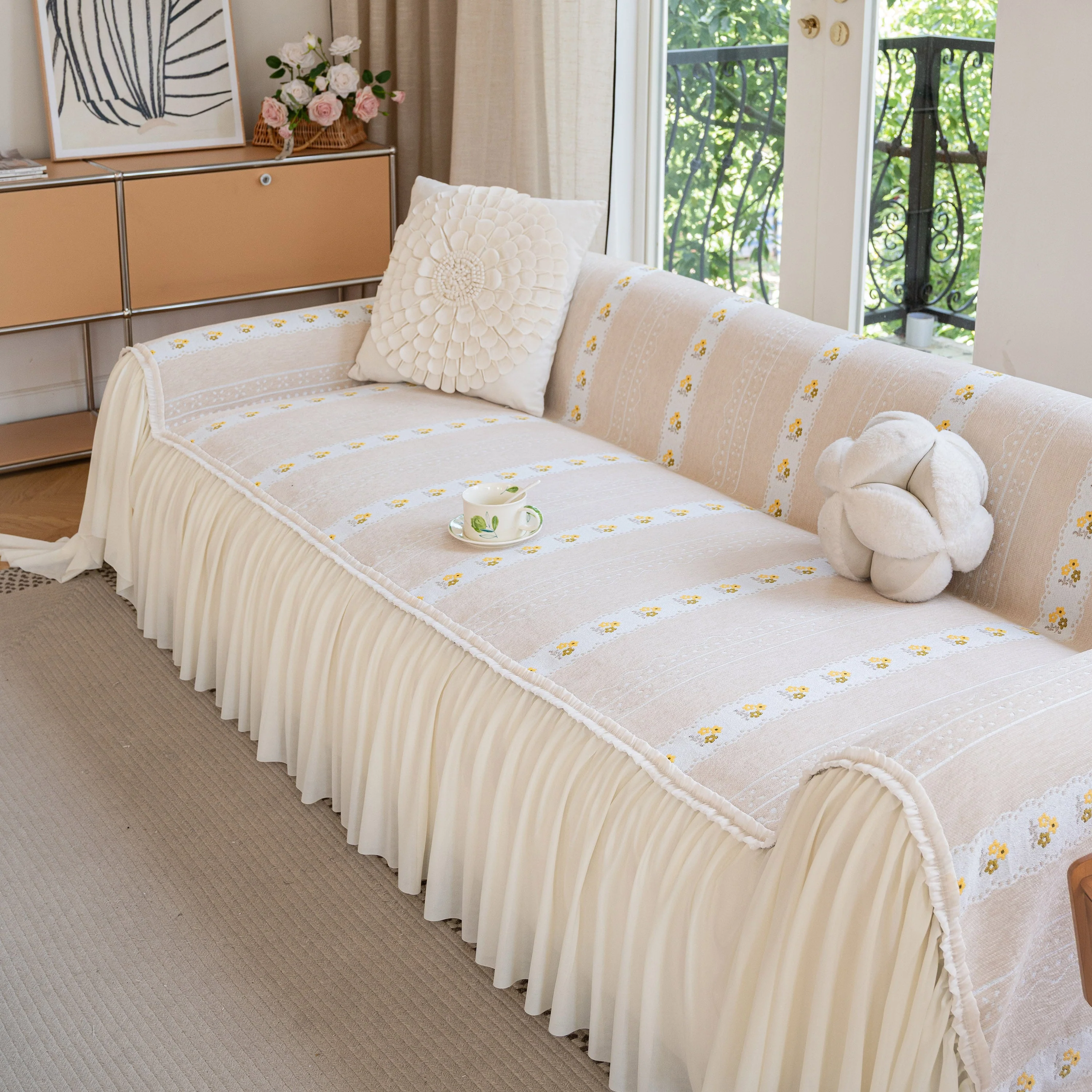 Daisy Striped Sofa Cover with Sheer Ruffle Skirt, Floral Soft Slipcover Blanket - Image 60