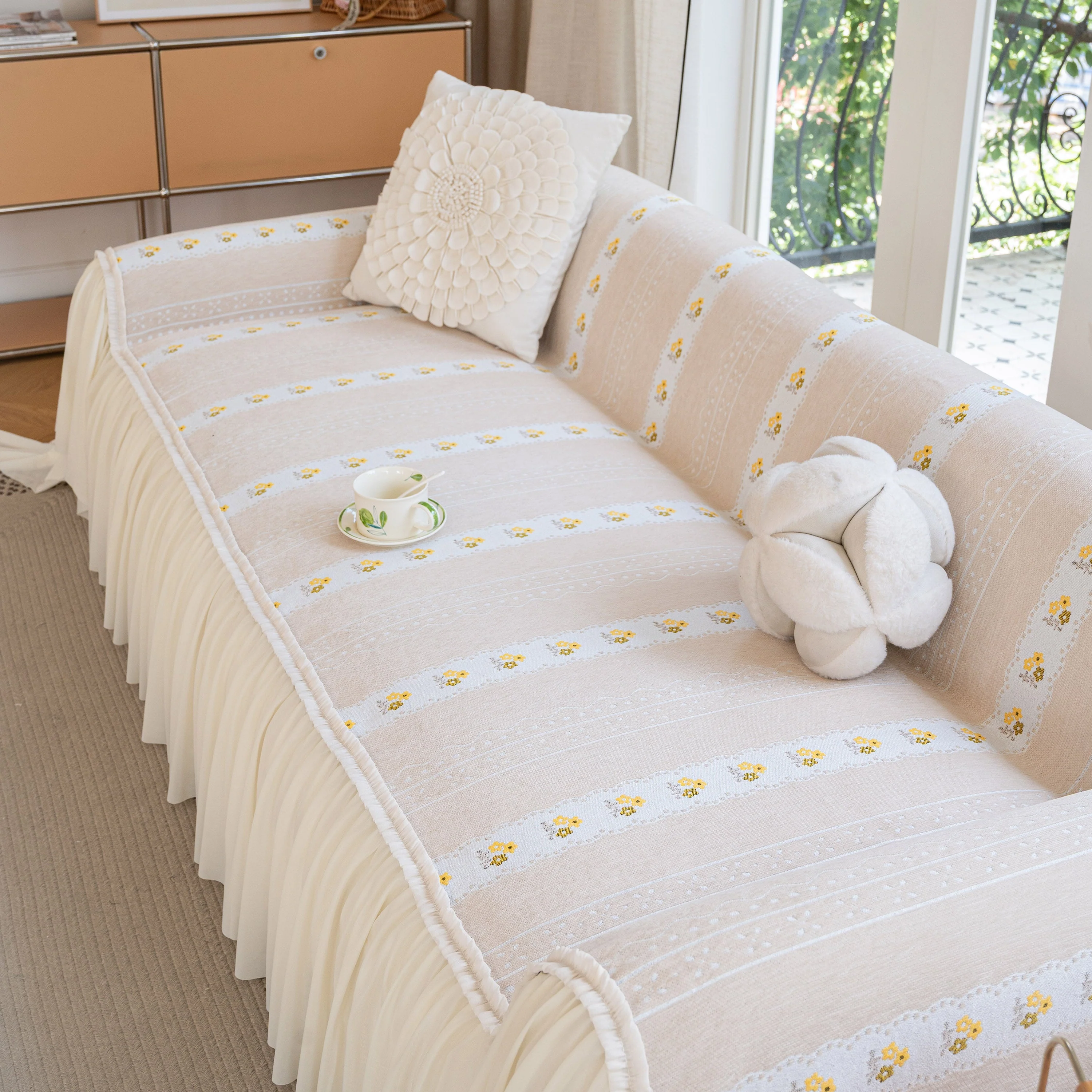 Daisy Striped Sofa Cover with Sheer Ruffle Skirt, Floral Soft Slipcover Blanket - Image 61