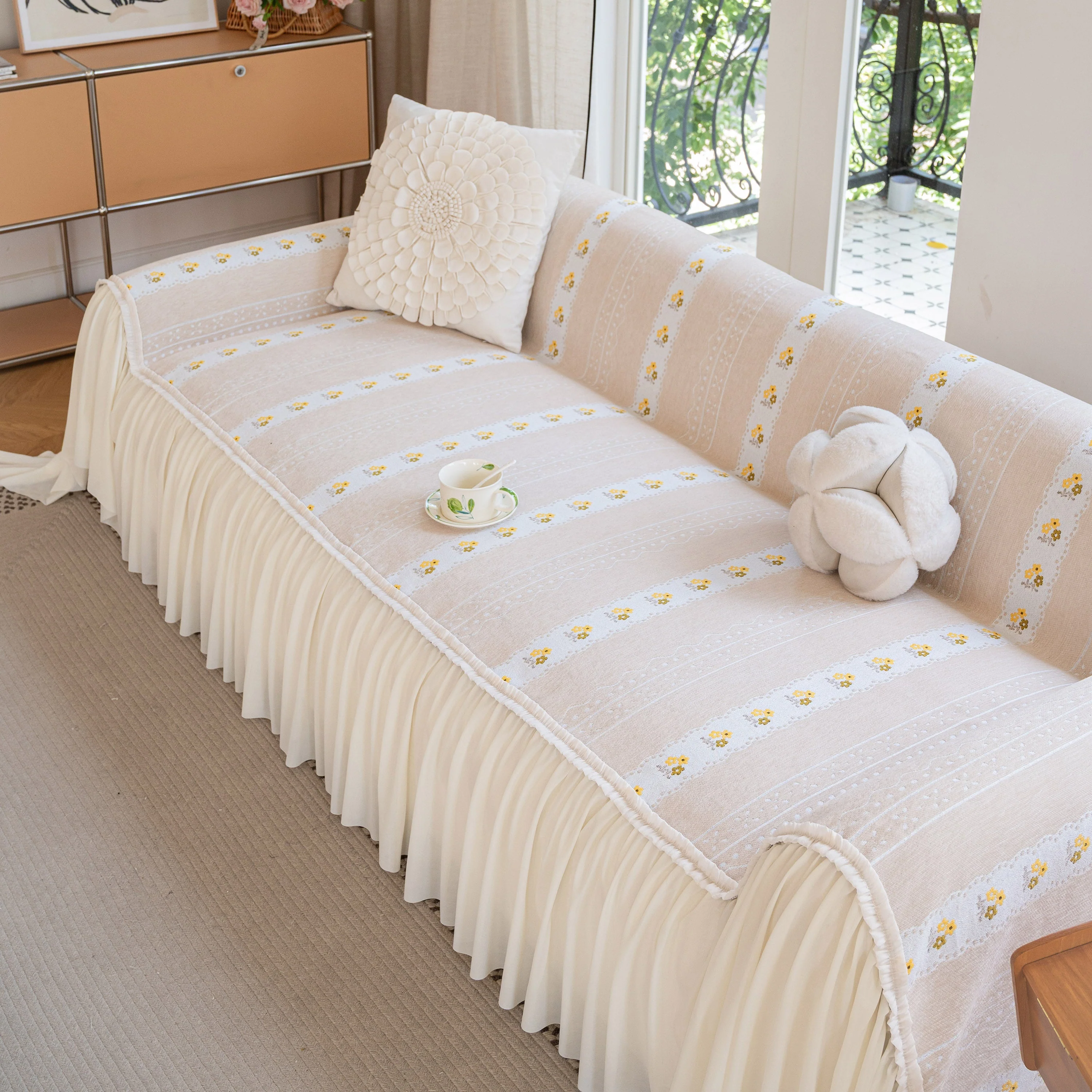 Daisy Striped Sofa Cover with Sheer Ruffle Skirt, Floral Soft Slipcover Blanket - Image 62