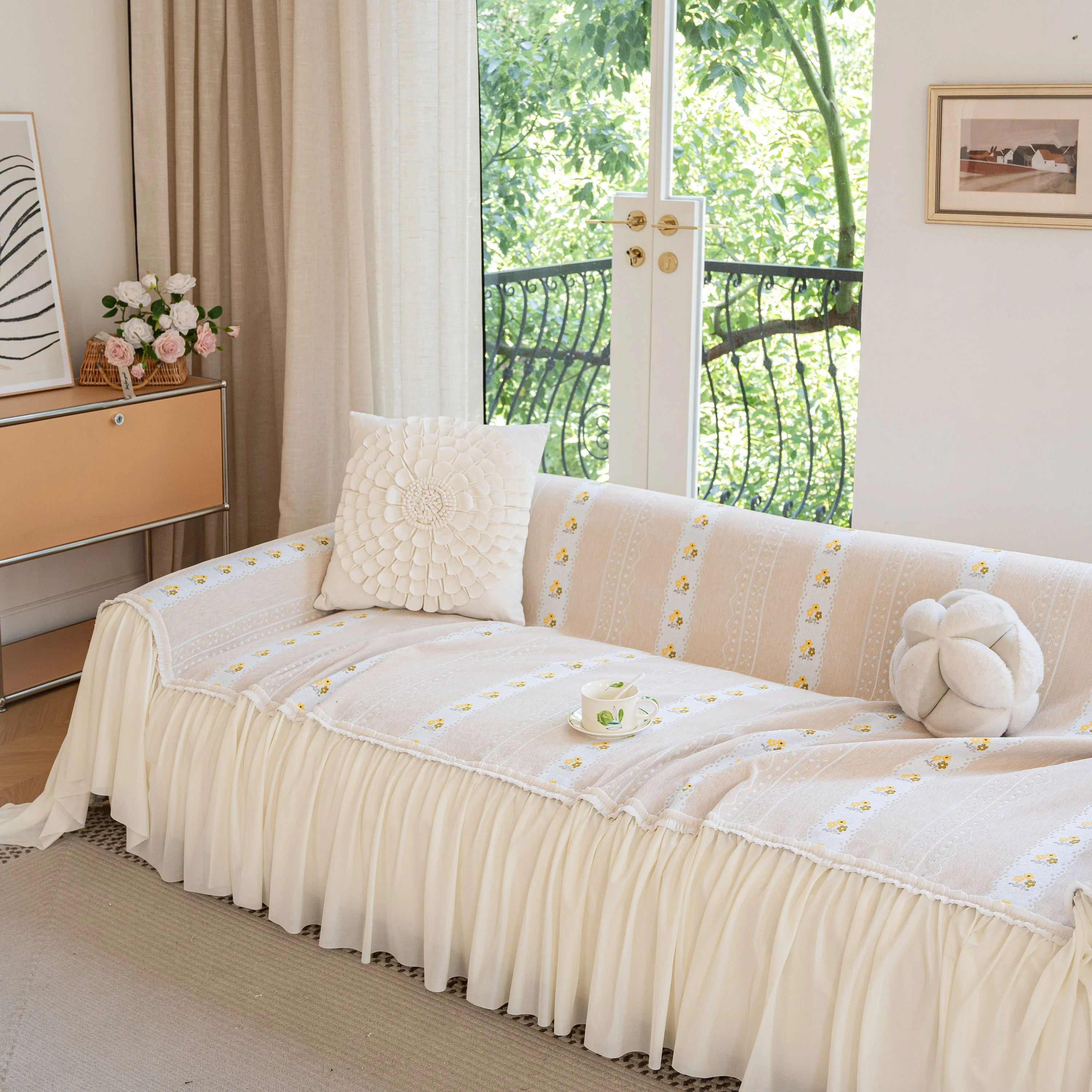 Daisy Striped Sofa Cover with Sheer Ruffle Skirt, Floral Soft Slipcover Blanket - Image 68