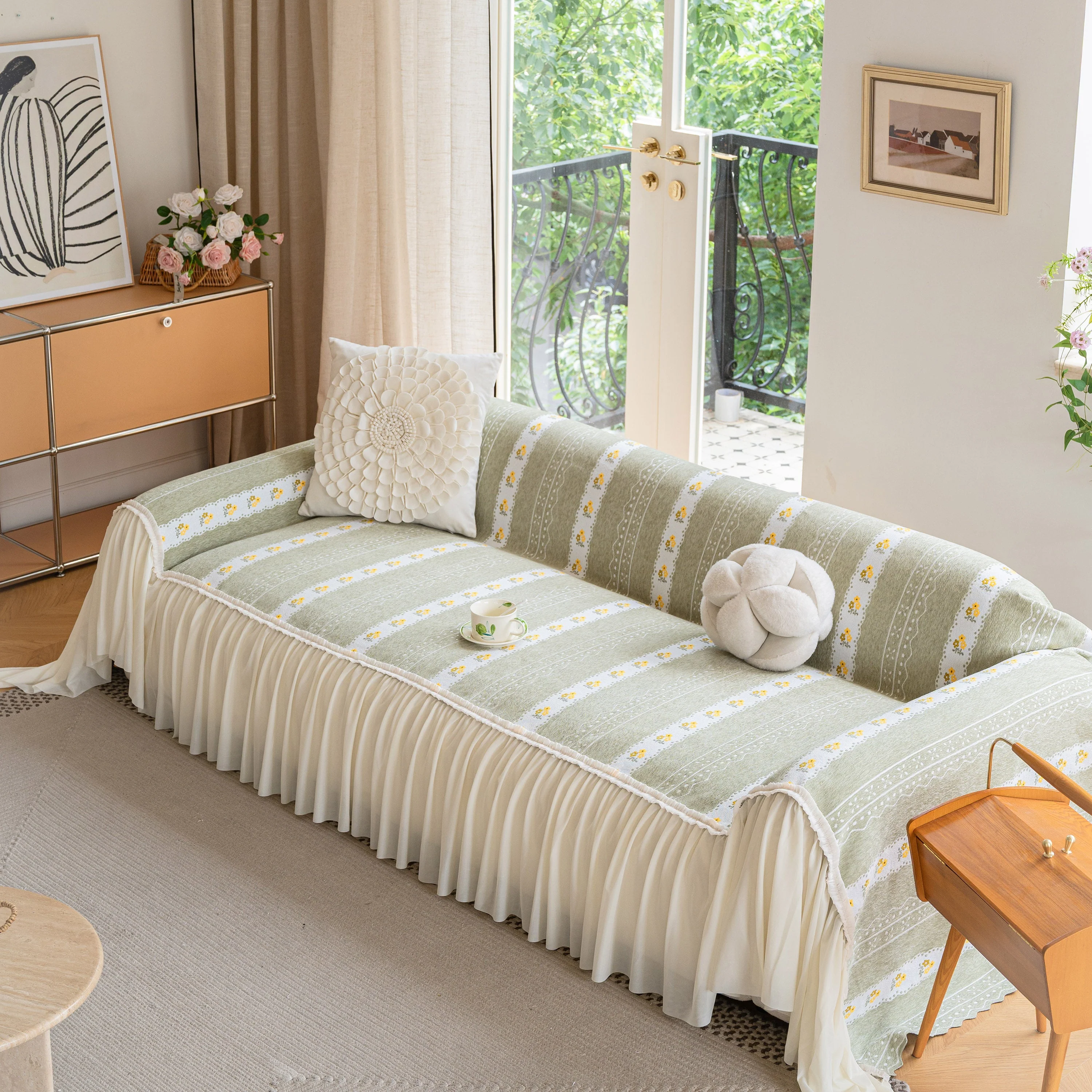 Daisy Striped Sofa Cover with Sheer Ruffle Skirt, Floral Soft Slipcover Blanket - Image 7
