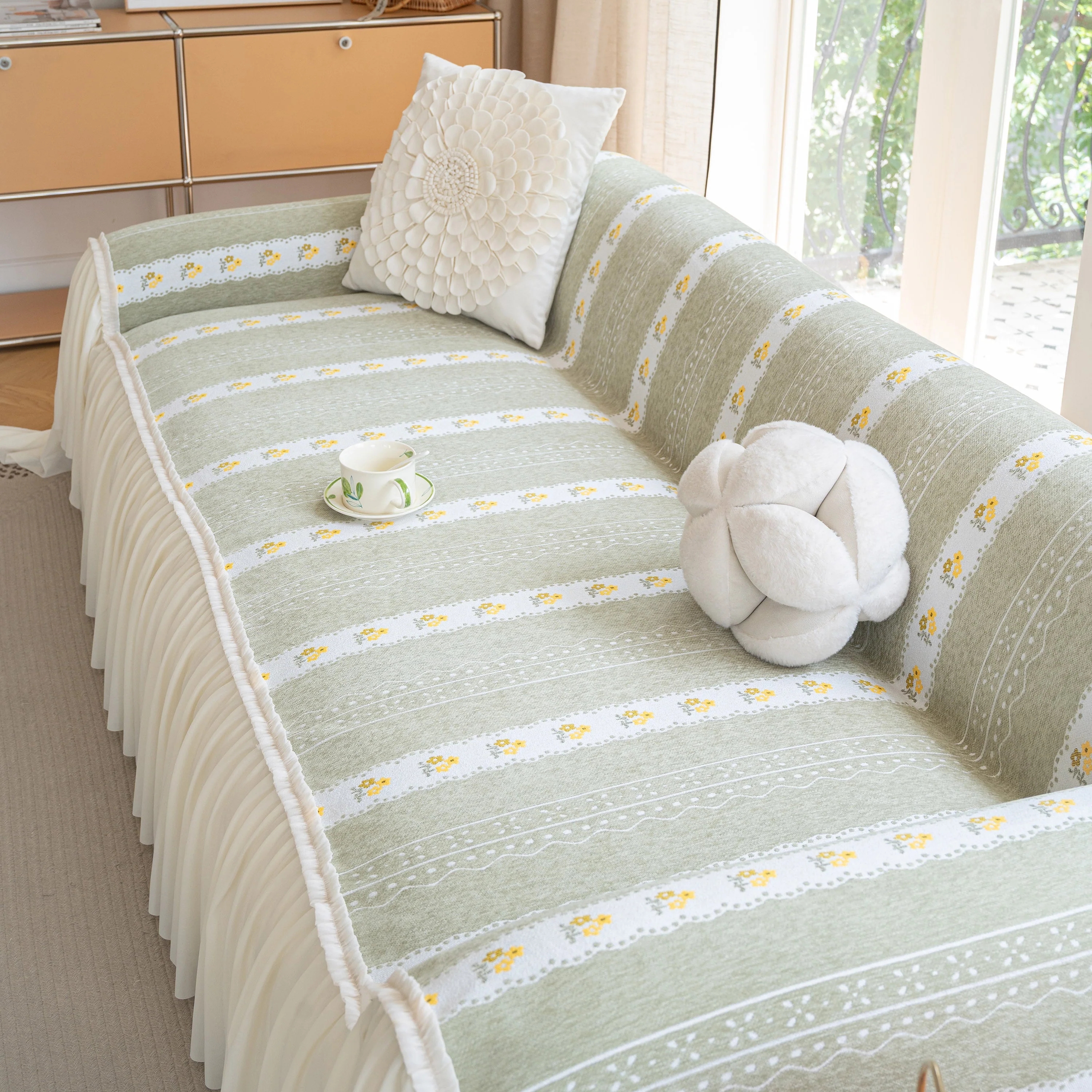Daisy Striped Sofa Cover with Sheer Ruffle Skirt, Floral Soft Slipcover Blanket - Image 8