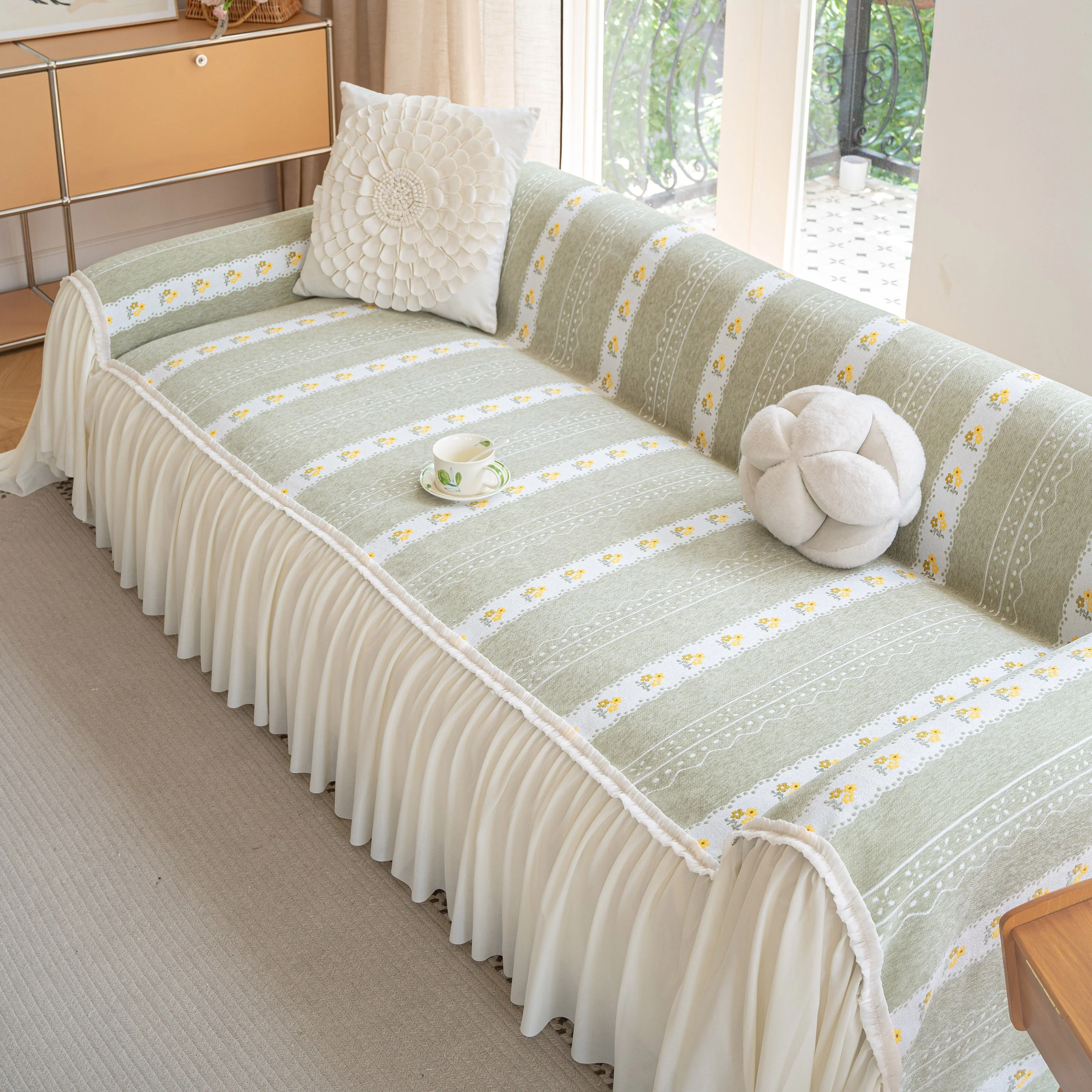 Daisy Striped Sofa Cover with Sheer Ruffle Skirt, Floral Soft Slipcover Blanket - Image 9