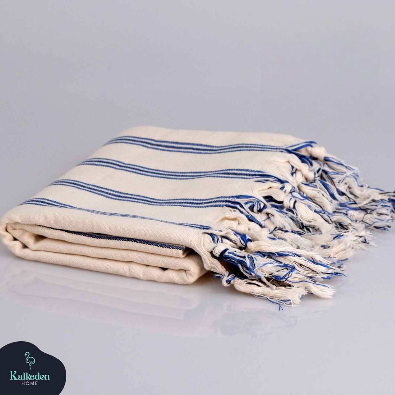 Dark Blue Striped Handwoven Turkish Towel - Image 2