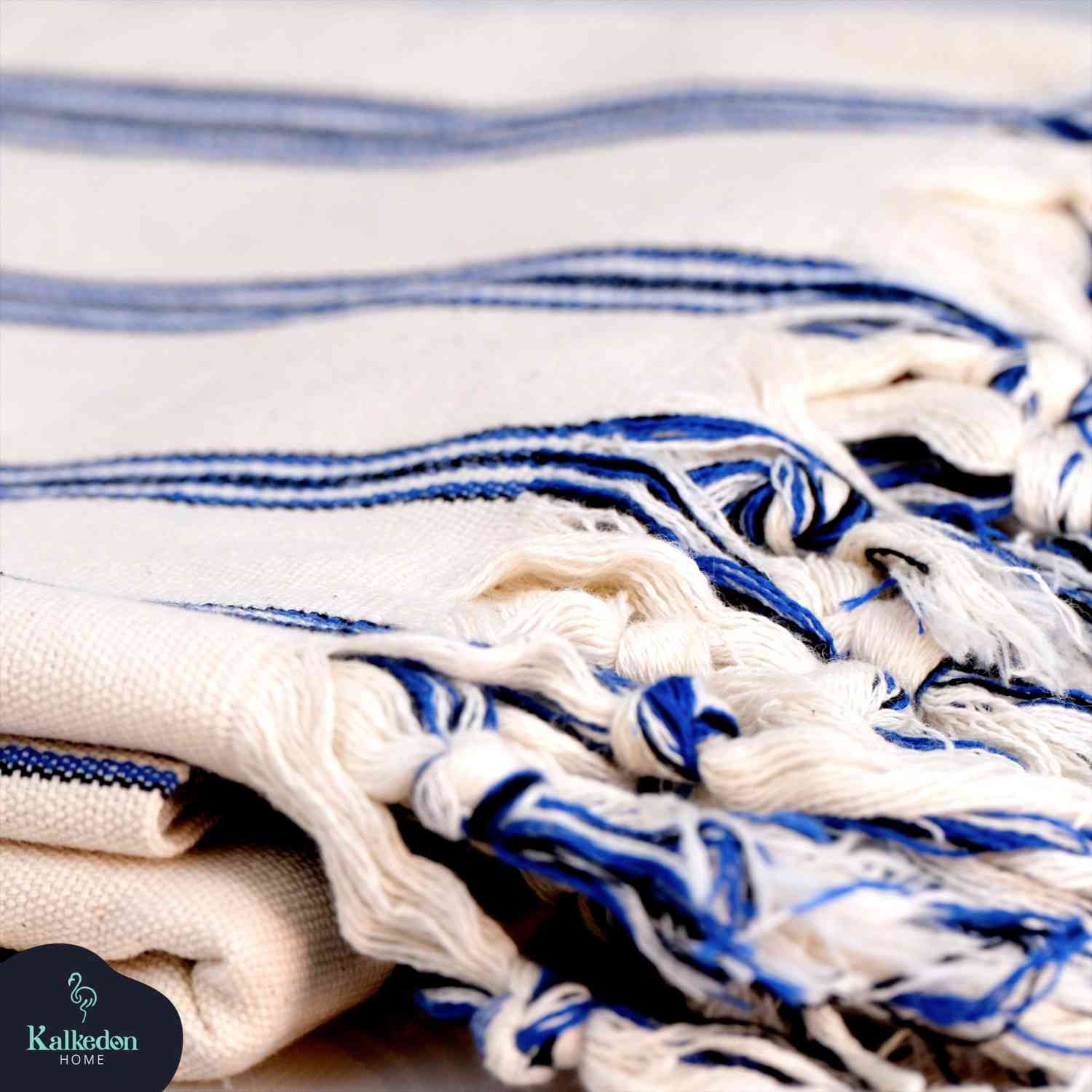 Dark Blue Striped Handwoven Turkish Towel - Image 3