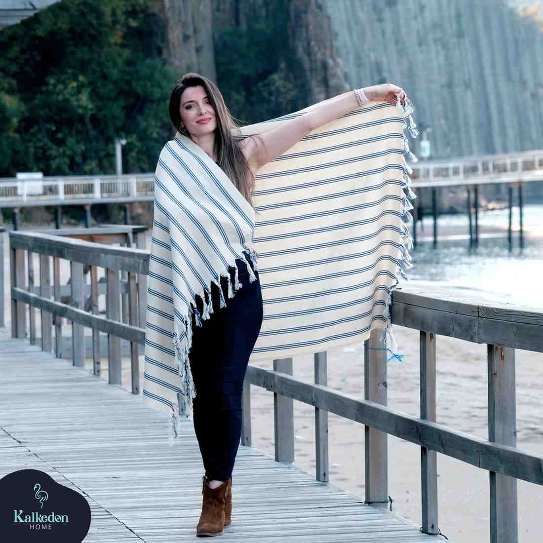 Dark Blue Striped Handwoven Turkish Towel - Image 4