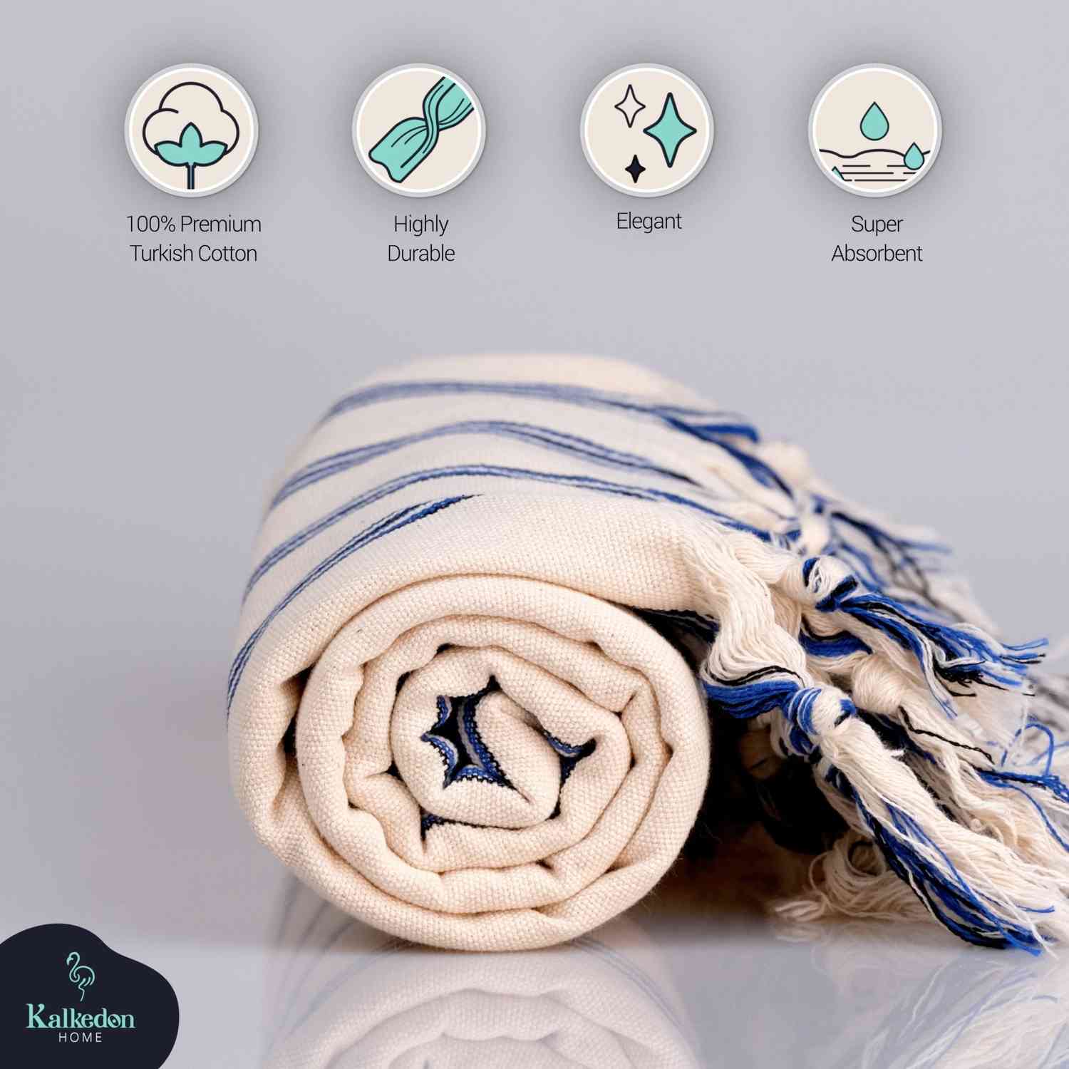 Dark Blue Striped Handwoven Turkish Towel - Image 5