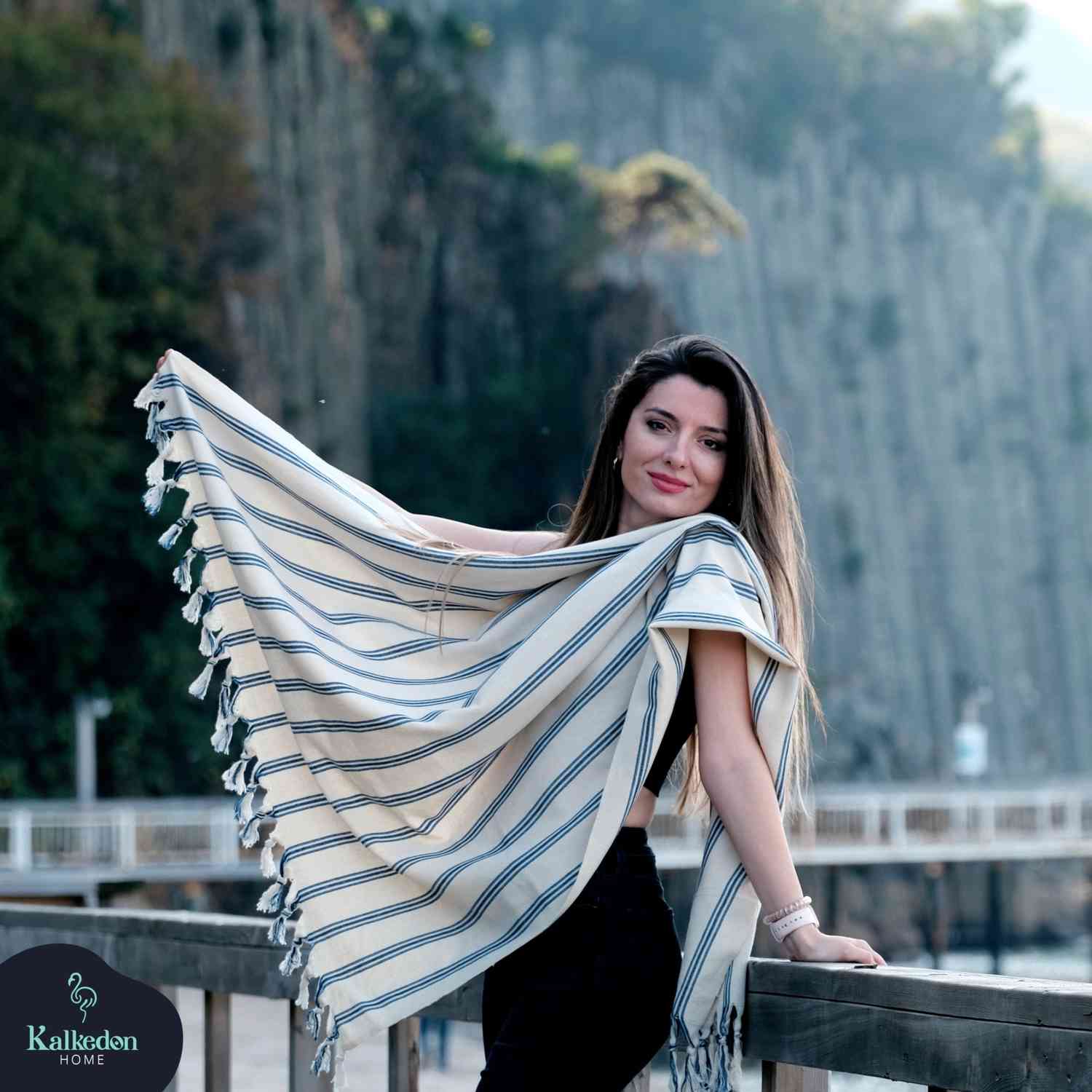 Dark Blue Striped Handwoven Turkish Towel - Image 6