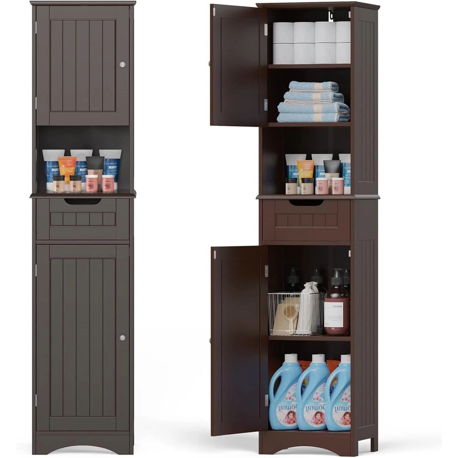 Dark Brown Bathroom Linen Cabinet Tower with 2 Doors Storage Drawer and Shelf - Image 2