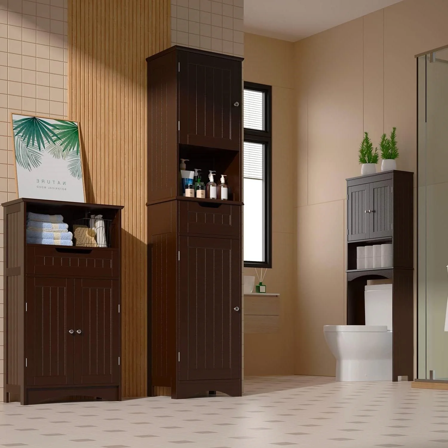 Dark Brown Bathroom Linen Cabinet Tower with 2 Doors Storage Drawer and Shelf - Image 3