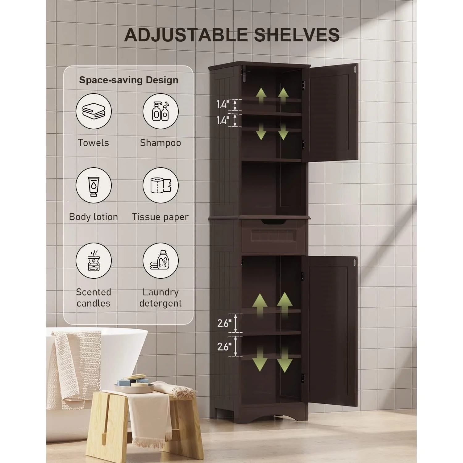 Dark Brown Bathroom Linen Cabinet Tower with 2 Doors Storage Drawer and Shelf - Image 4