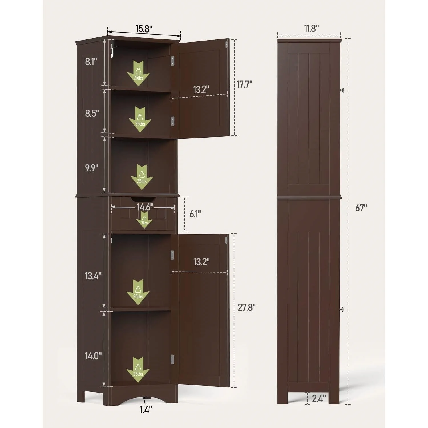 Dark Brown Bathroom Linen Cabinet Tower with 2 Doors Storage Drawer and Shelf - Image 5