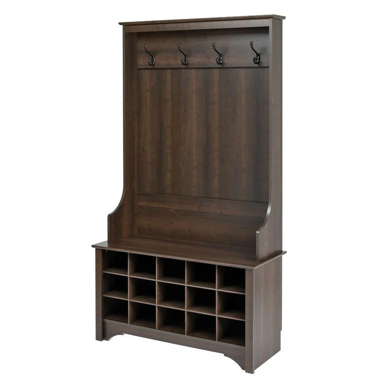 Dark Brown Entryway Hall Tree Shoe Cubbie Coat Rack - Image 3