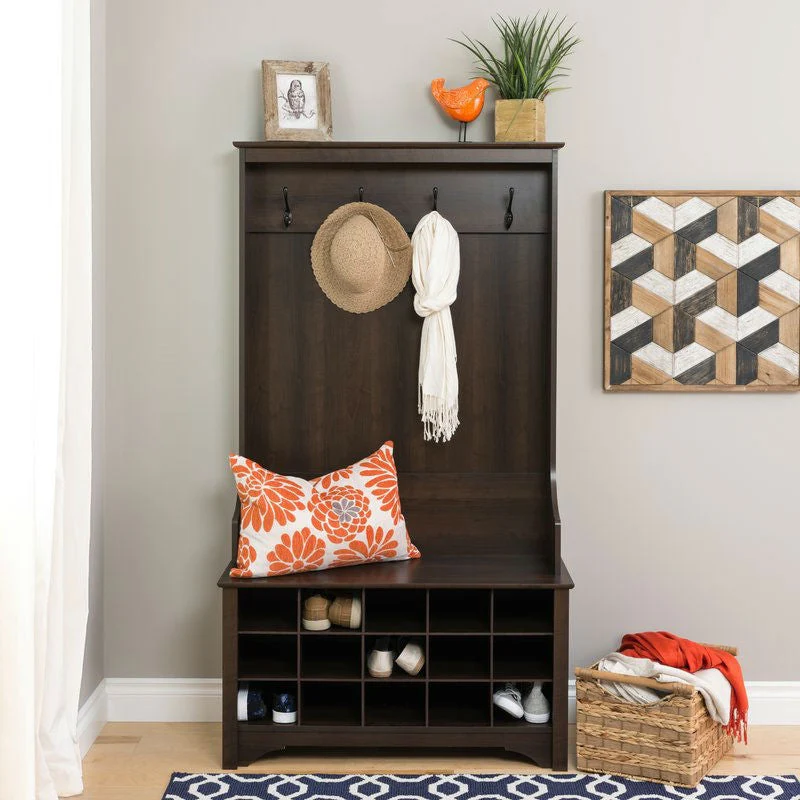 Dark Brown Entryway Hall Tree Shoe Cubbie Coat Rack - Image 4