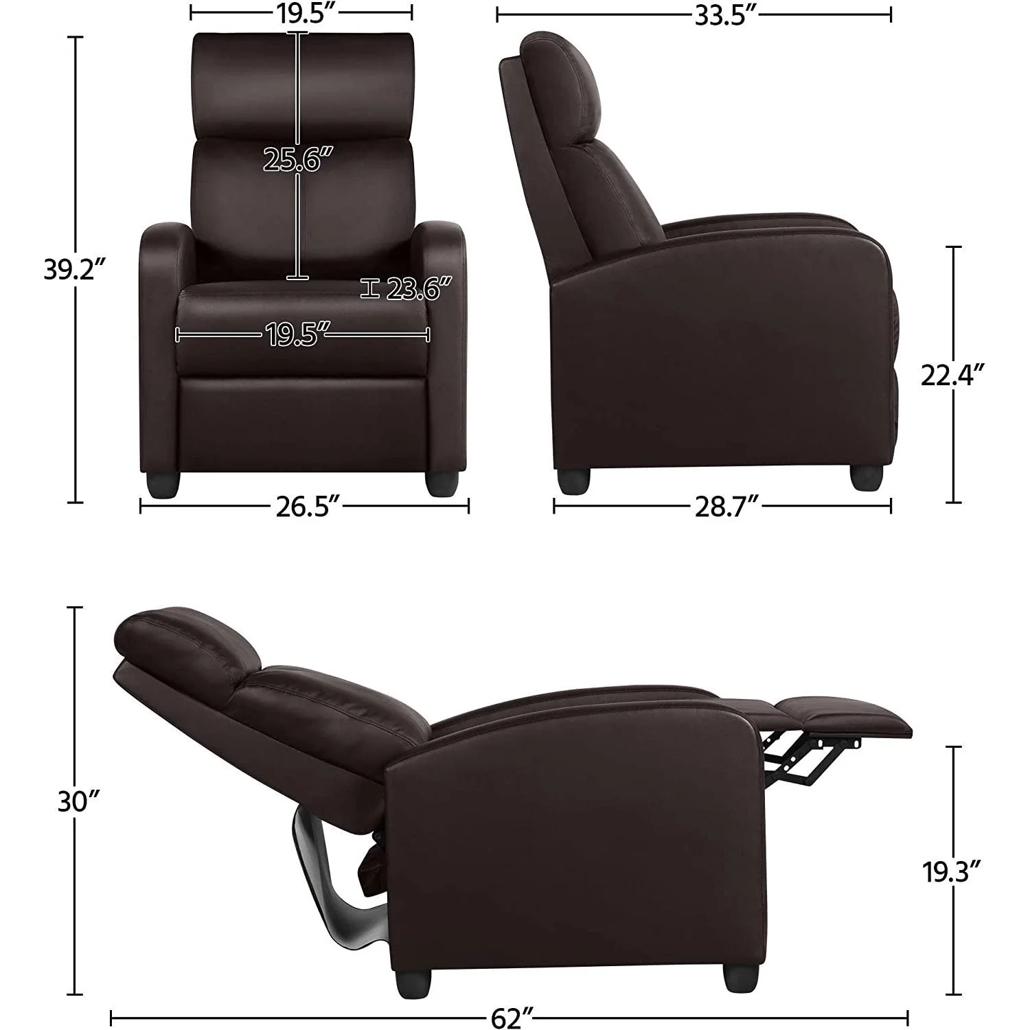 Dark Brown High-Density Faux Leather Push Back Recliner Chair - Image 3