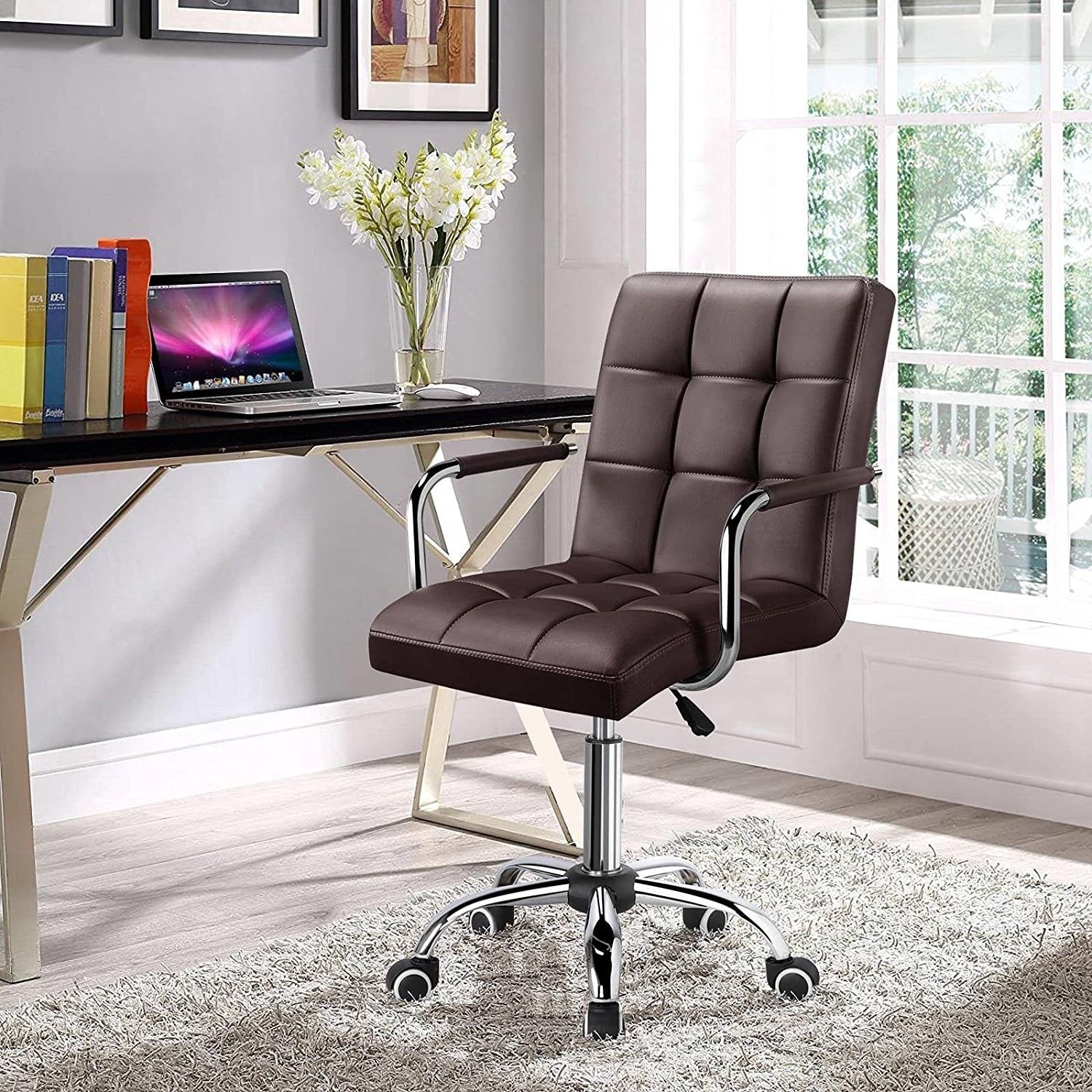 Dark Brown Modern Faux Leather Mid-Back Office Chair with Armrests and Wheels - Image 2
