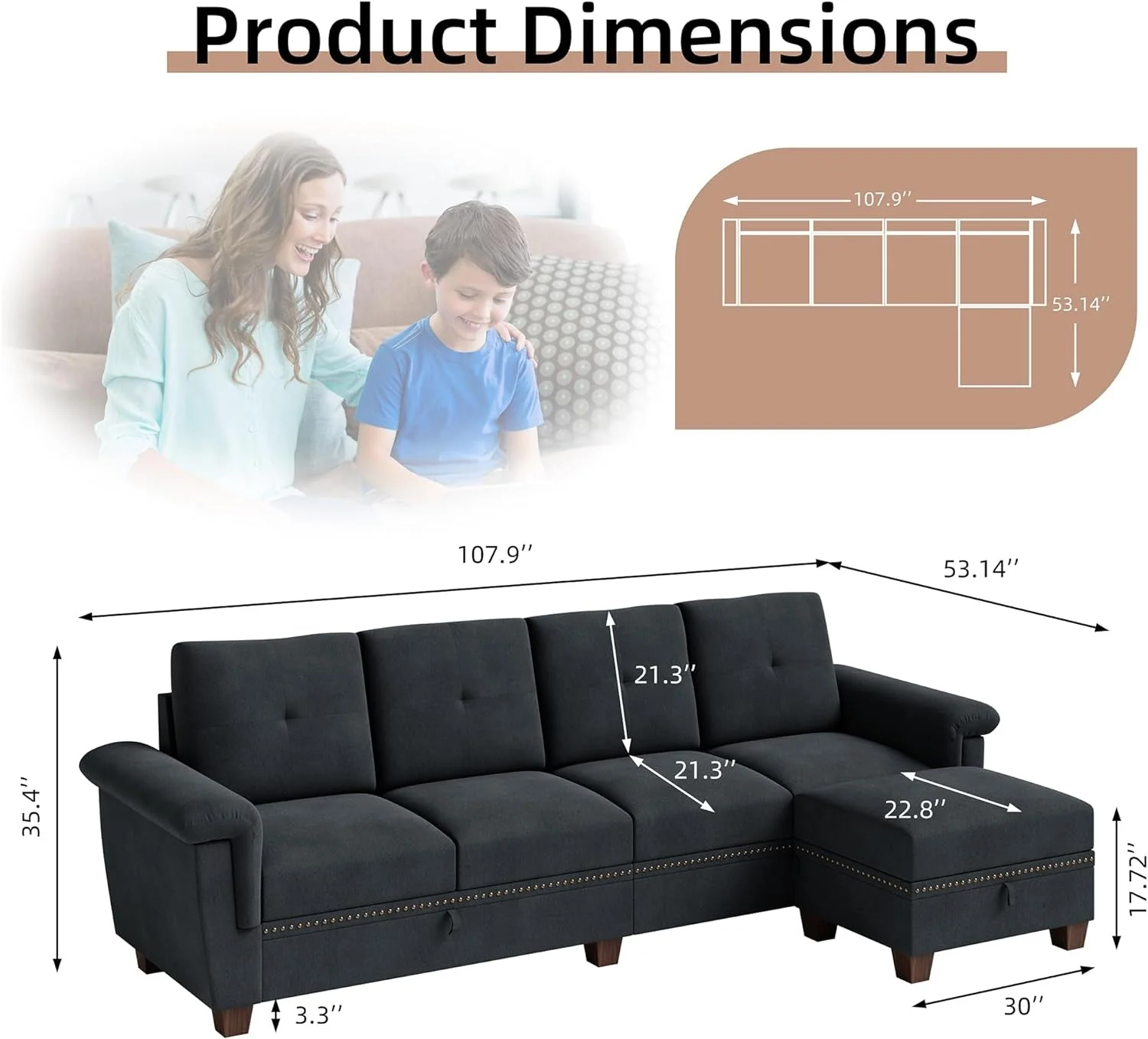Dark Gray L-Shaped Sectional Sofa with Hidden Storage & Chaise - Image 2