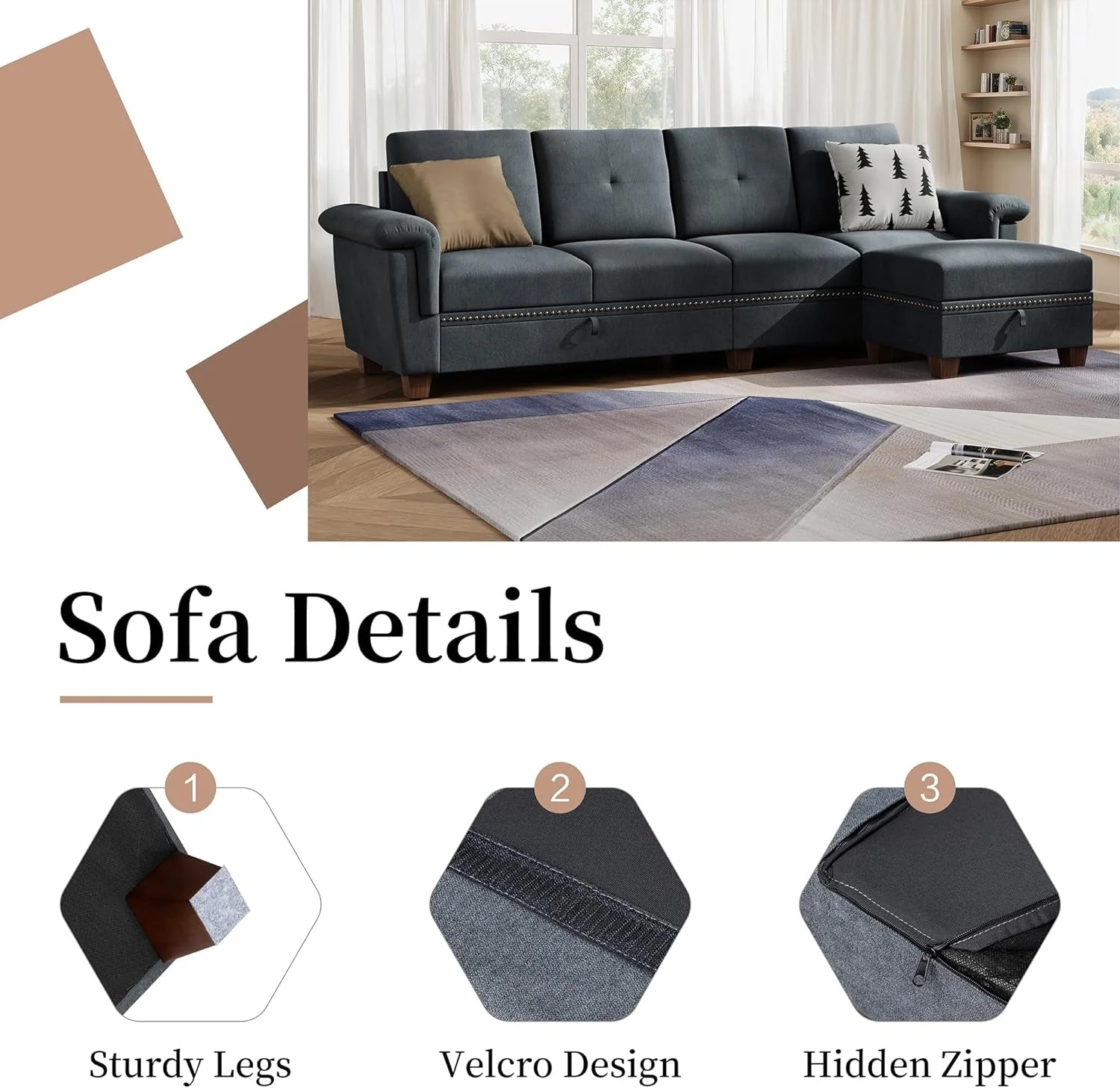 Dark Gray L-Shaped Sectional Sofa with Hidden Storage & Chaise - Image 6