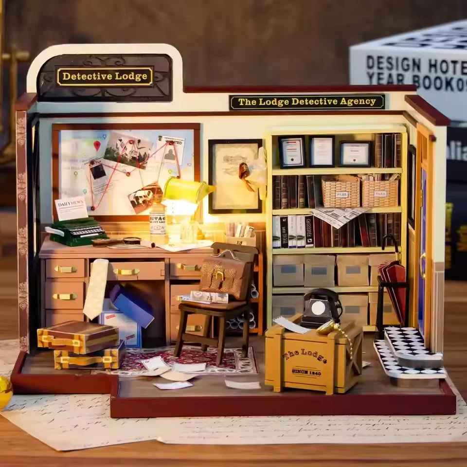 Detective Lodge Dollhouse Kit - Miniature Wizardi Roombox Kit with LED Light F07M51-82-PC2308 - Image 2