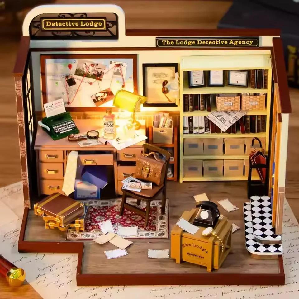 Detective Lodge Dollhouse Kit - Miniature Wizardi Roombox Kit with LED Light F07M51-82-PC2308 - Image 3