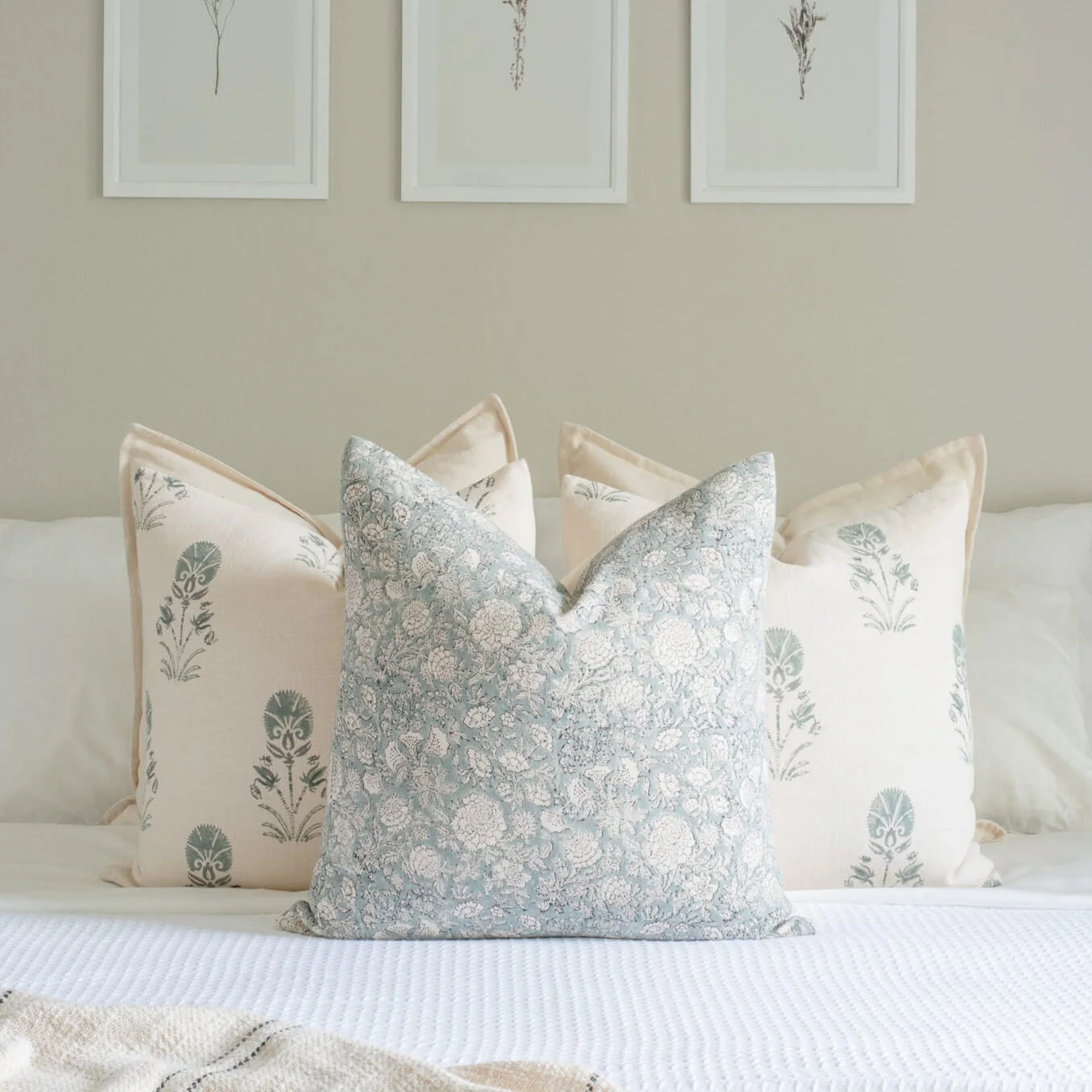 Devi Floral Block Printed Pillow Cover | Teal Green/Blue - Image 4
