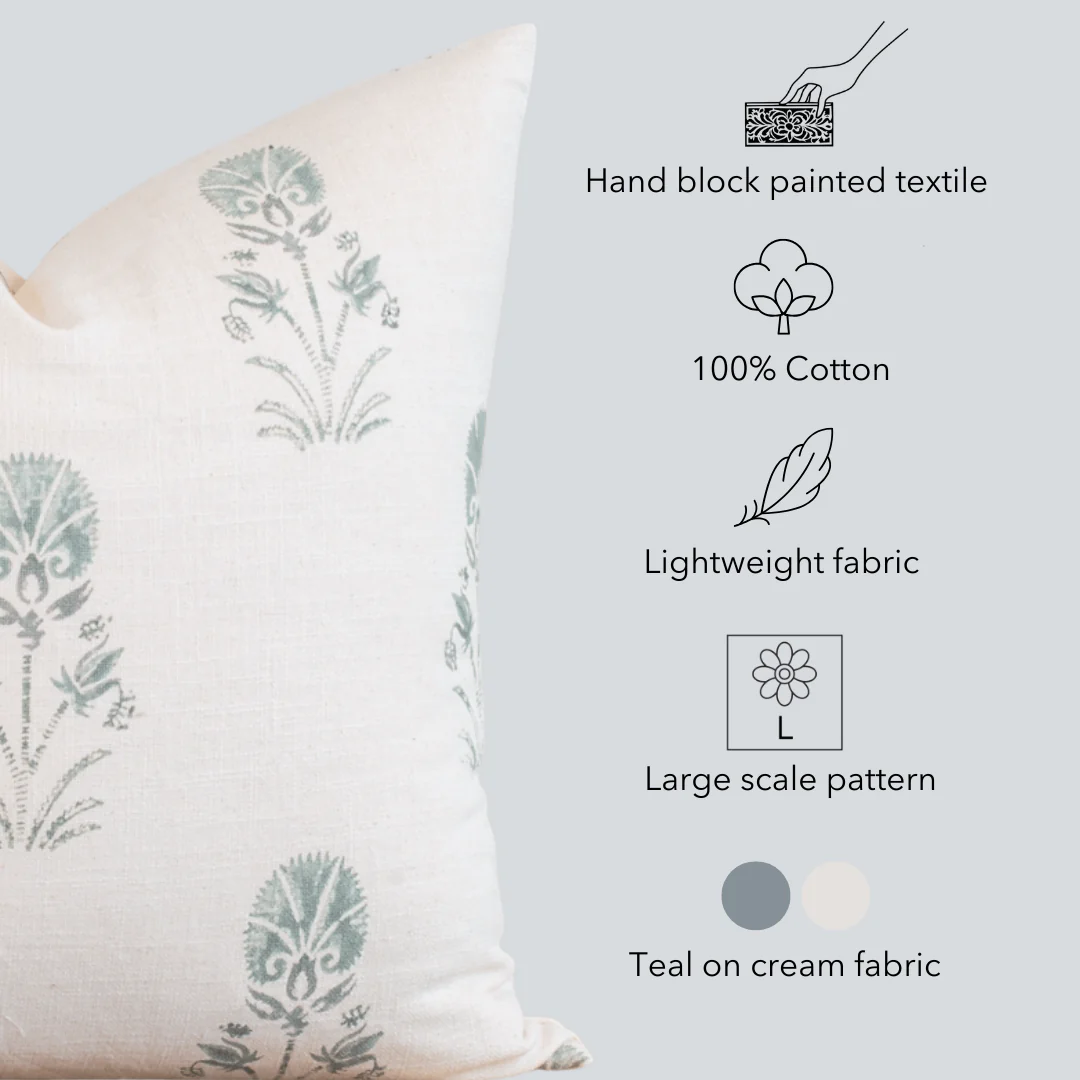 Devi Floral Block Printed Pillow Cover | Teal Green/Blue - Image 5