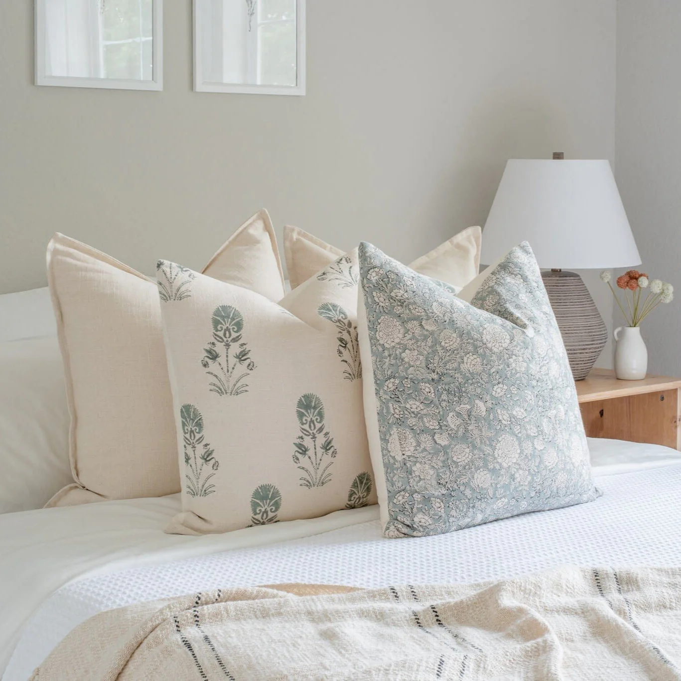 Devi Floral Block Printed Pillow Cover | Teal Green/Blue - Image 6