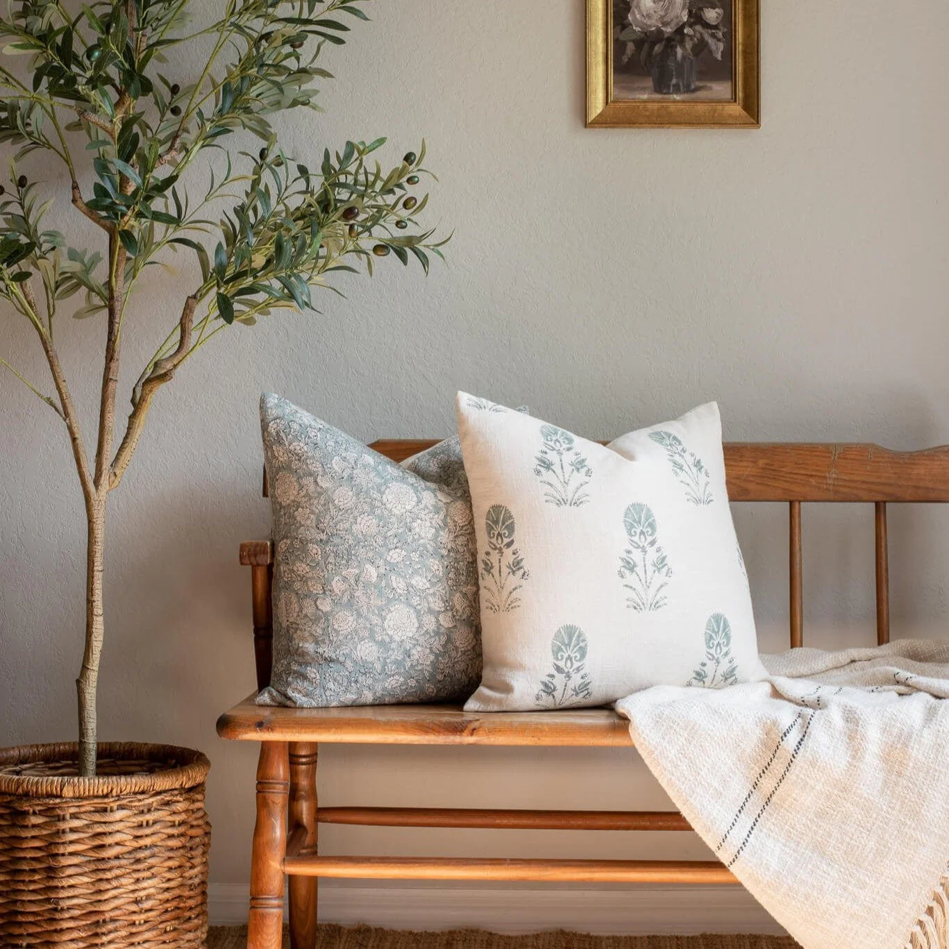 Devi Floral Block Printed Pillow Cover | Teal Green/Blue - Image 7