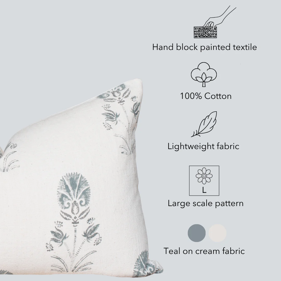 Devi Floral Block Printed Pillow Cover | Teal Green/Blue | Lumbar - Image 3