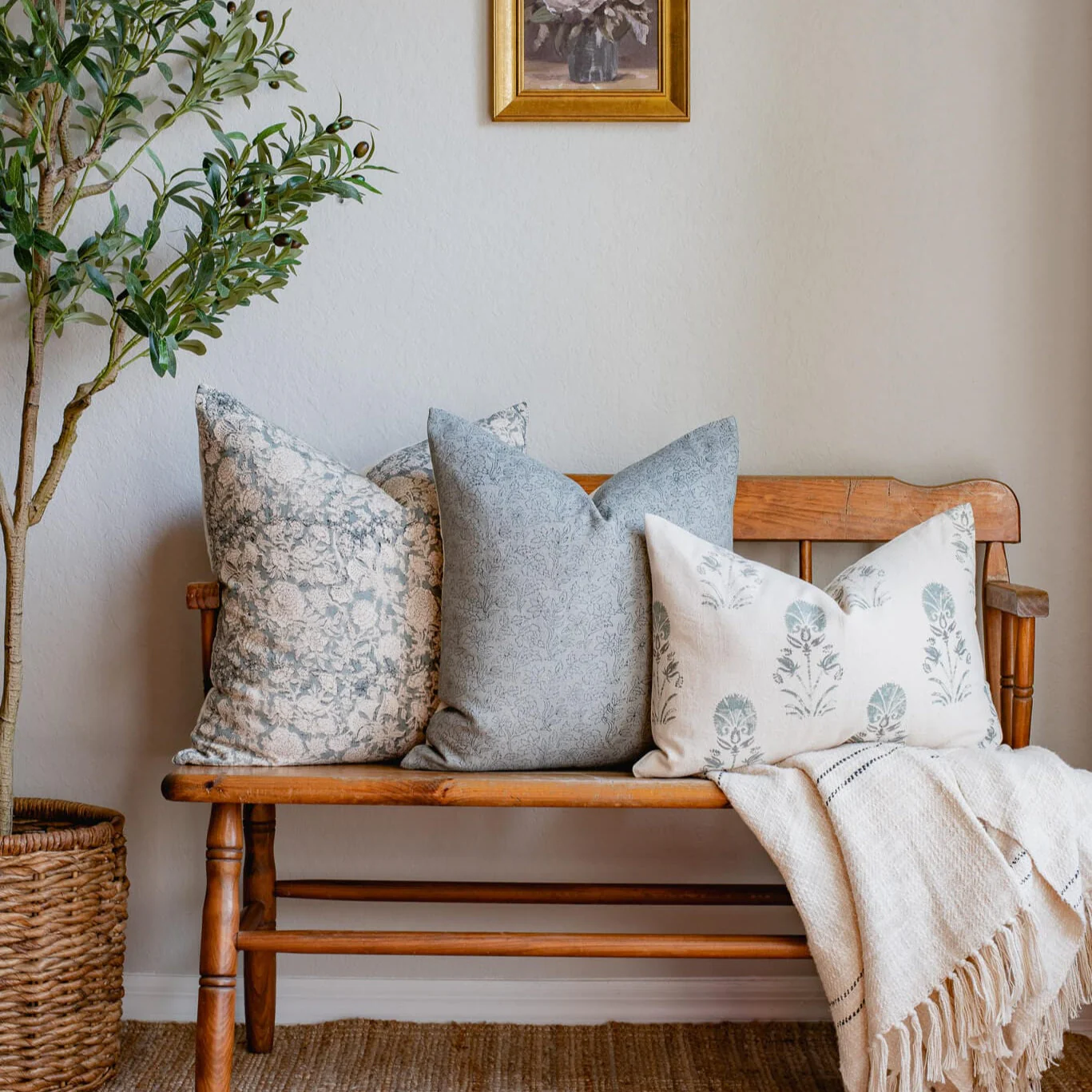 Devi Floral Block Printed Pillow Cover | Teal Green/Blue | Lumbar - Image 8