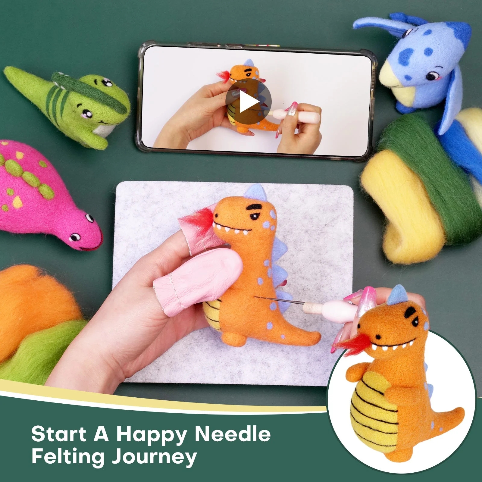 Dinosaurs Needle Felting Kit. Wizardi DIY Wool Craft Kit F07N8-Z-02 - Image 2