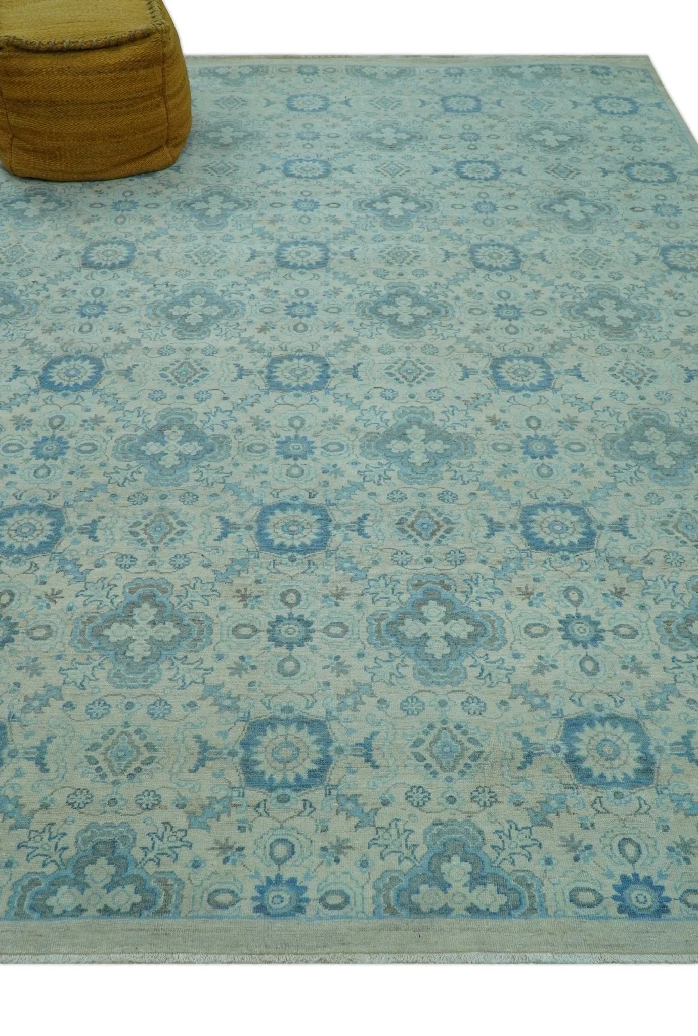 Distressed Hand Knotted Blue And Beige Oriental Design 8x10 Wool Area Rug - Image 10