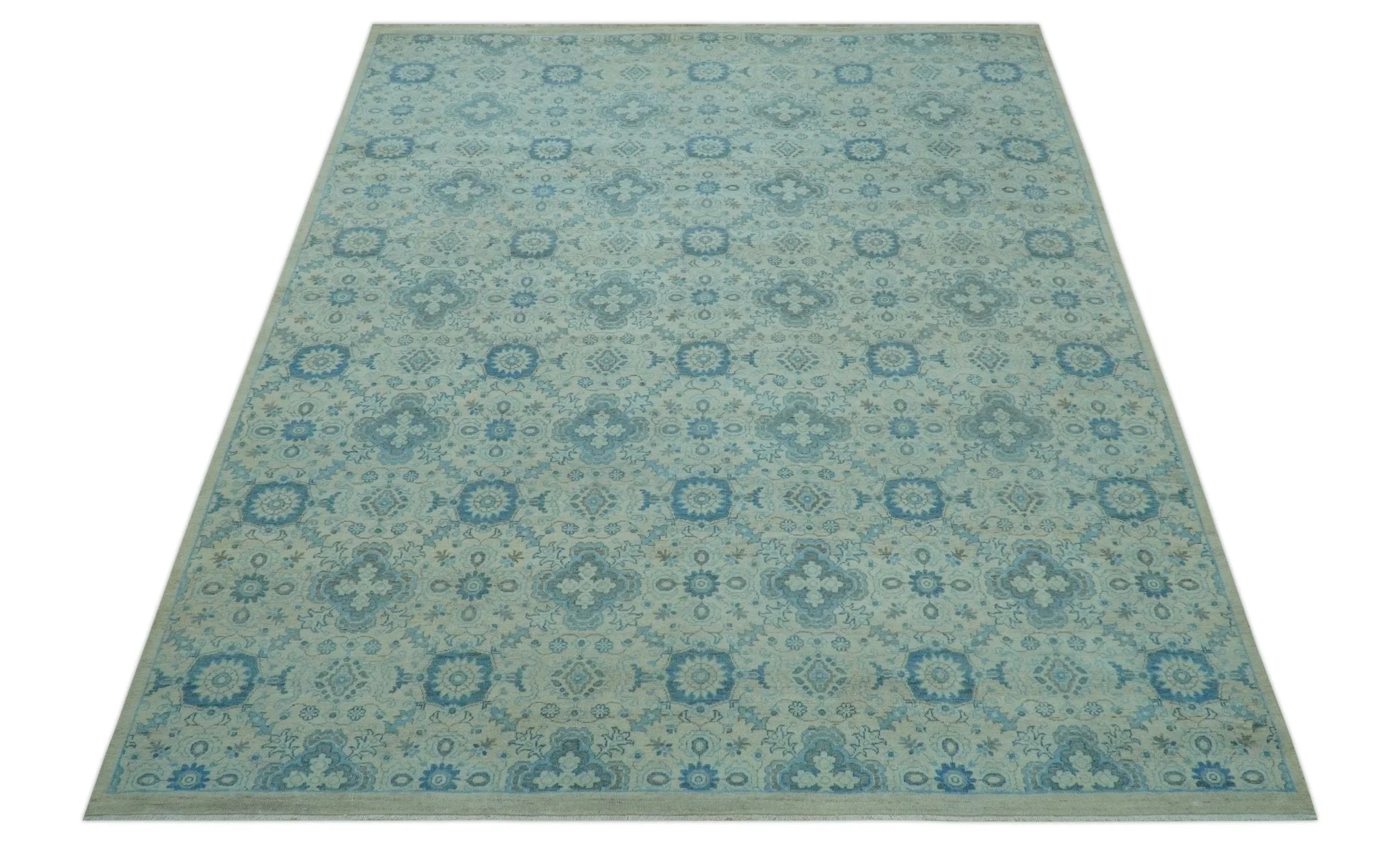Distressed Hand Knotted Blue And Beige Oriental Design 8x10 Wool Area Rug - Image 11