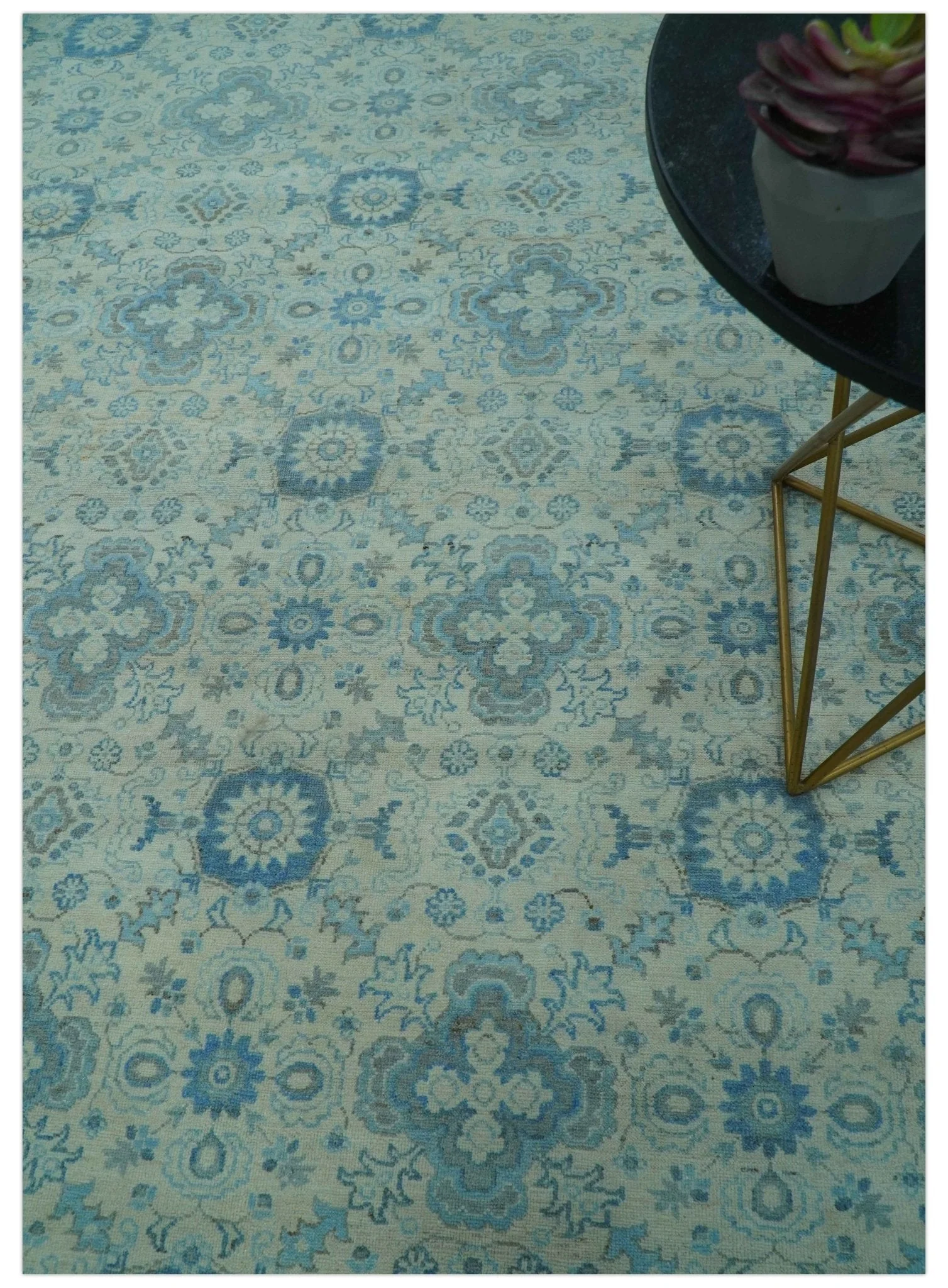 Distressed Hand Knotted Blue And Beige Oriental Design 8x10 Wool Area Rug - Image 3